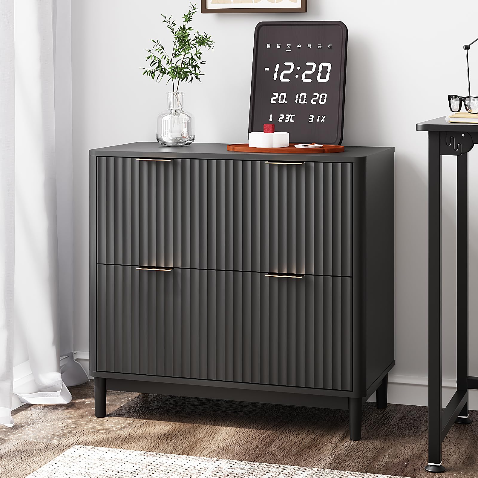 VINGLI 2 Drawer File Cabinet, Home Office Filing Organizer, for Letter Legal A4 Size File Folder Storage, Modern Style Fluted Design, Wood Lateral Filing Cabinet, Printer Stand, Archivador, grey 