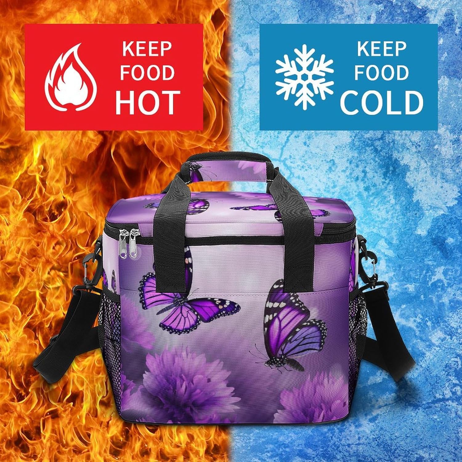 Large-Capacity Oxford Cloth Purple Flower Butterflies Printed Camping Ice Bag, Outdoor Portable Insulation and Cold Storage Bag, Enjoy A Cool Camping Time