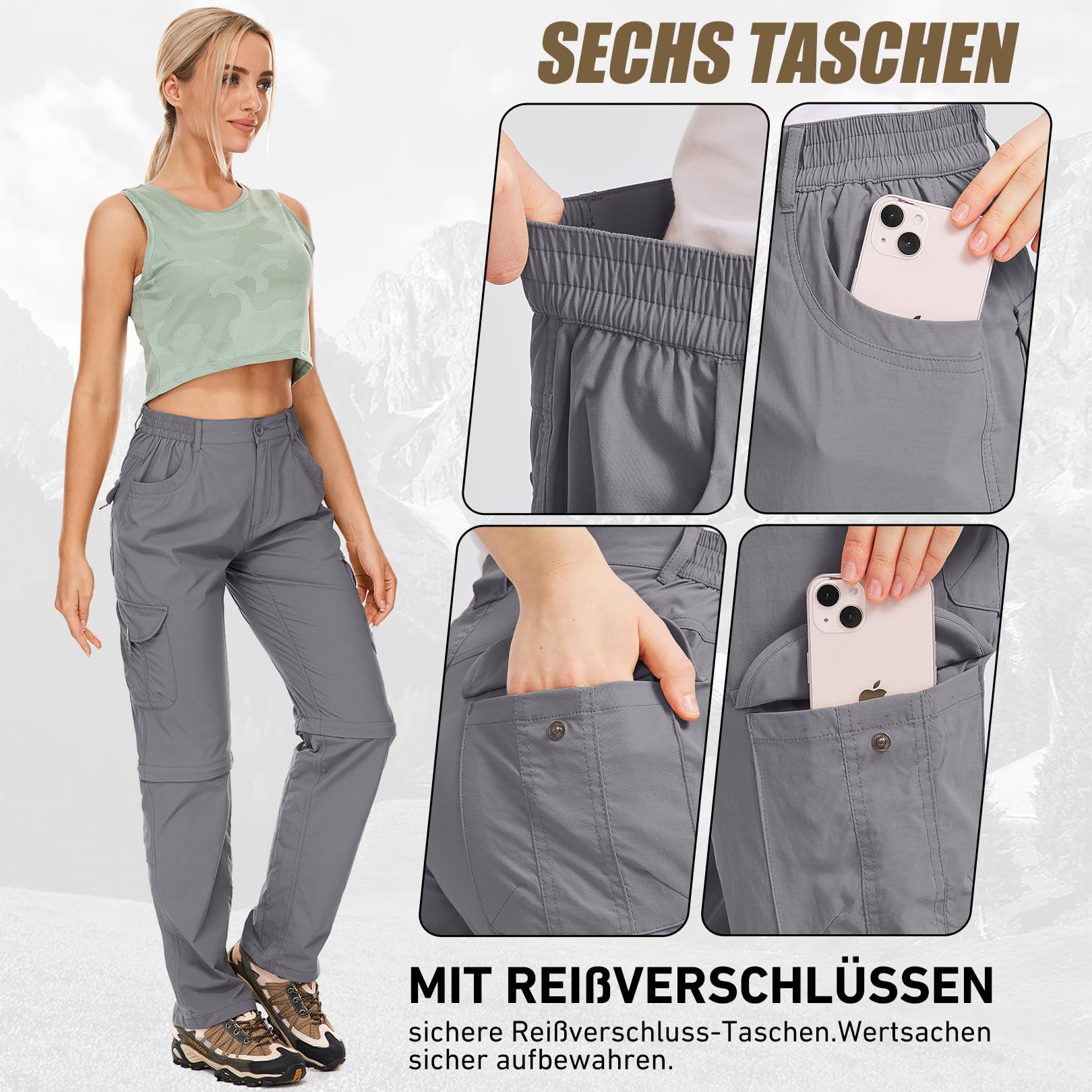 Damen-Wanderhose-Zip-Off-Trekkinghose, Atmungsaktiv Wanderhose Damen Schnell Stretch Trekkinghose Abnehmbar Funktionshose Outdoorhose Sommer Hiking Pants