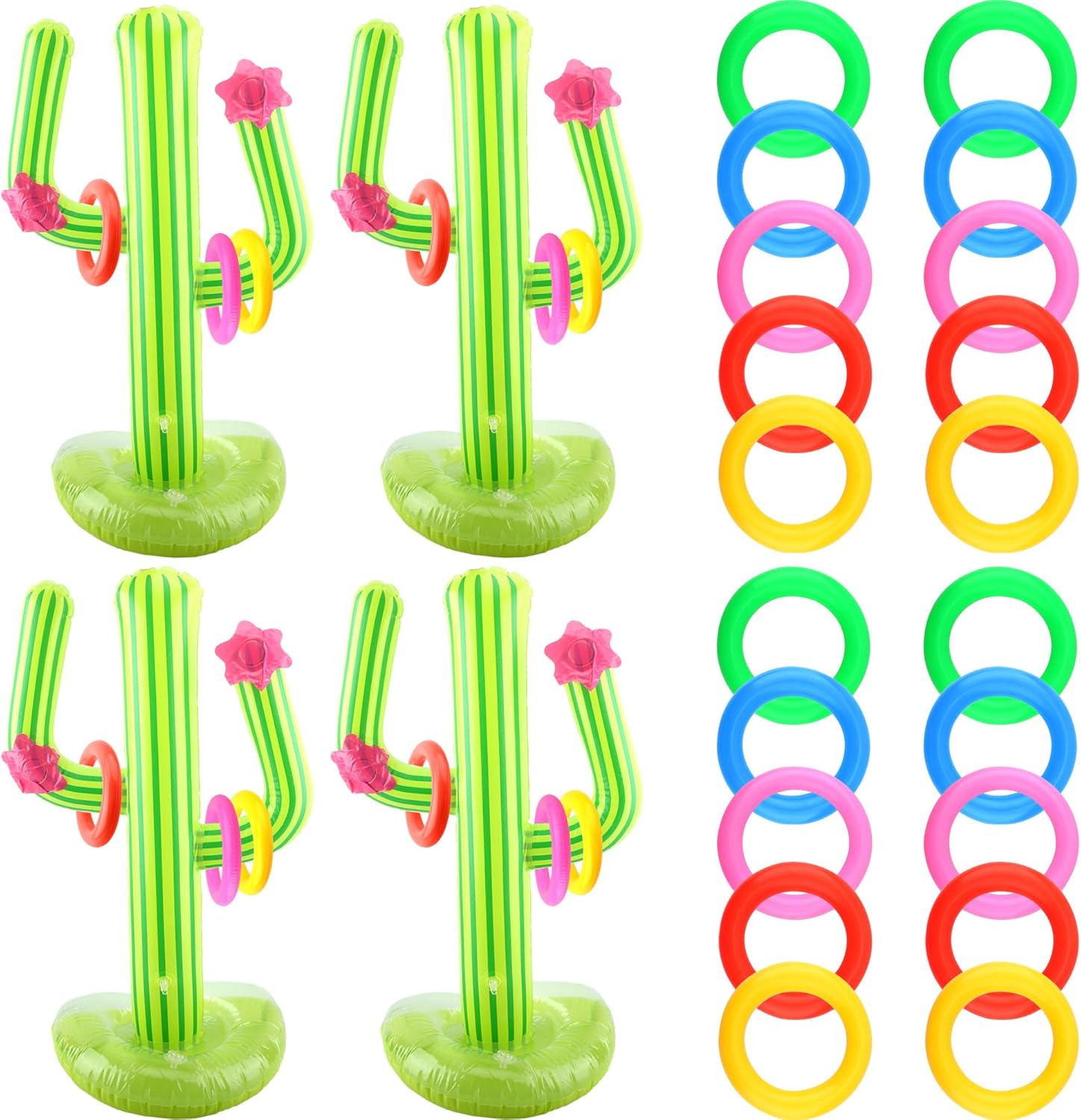 4 Set Inflatable Cactus Ring Toss Games Includes 4 Pcs 25 Inch Large Inflatable Cactus with 16 Pcs/ 20 Pcs Blow Up Ring Toss for Summer Pool Water Games Mexican Party Decorations