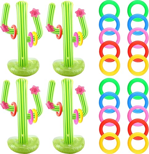 4 Set Inflatable Cactus Ring Toss Games Includes 4 Pcs 25 Inch Large Inflatable Cactus with 16 Pcs 20 Pcs Blow Up Ring Toss for Summer Pool Water