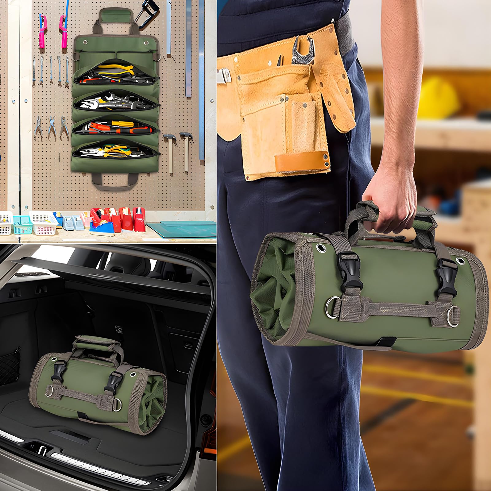 CHENKEE Tool Roll,Canvas Tool Pouch with 2 Removable Pockets,Multi-Purpose Tool Roll bag with Strap,Durable Tools Bag,Ideal for Electricians and Plumbers - Image 4