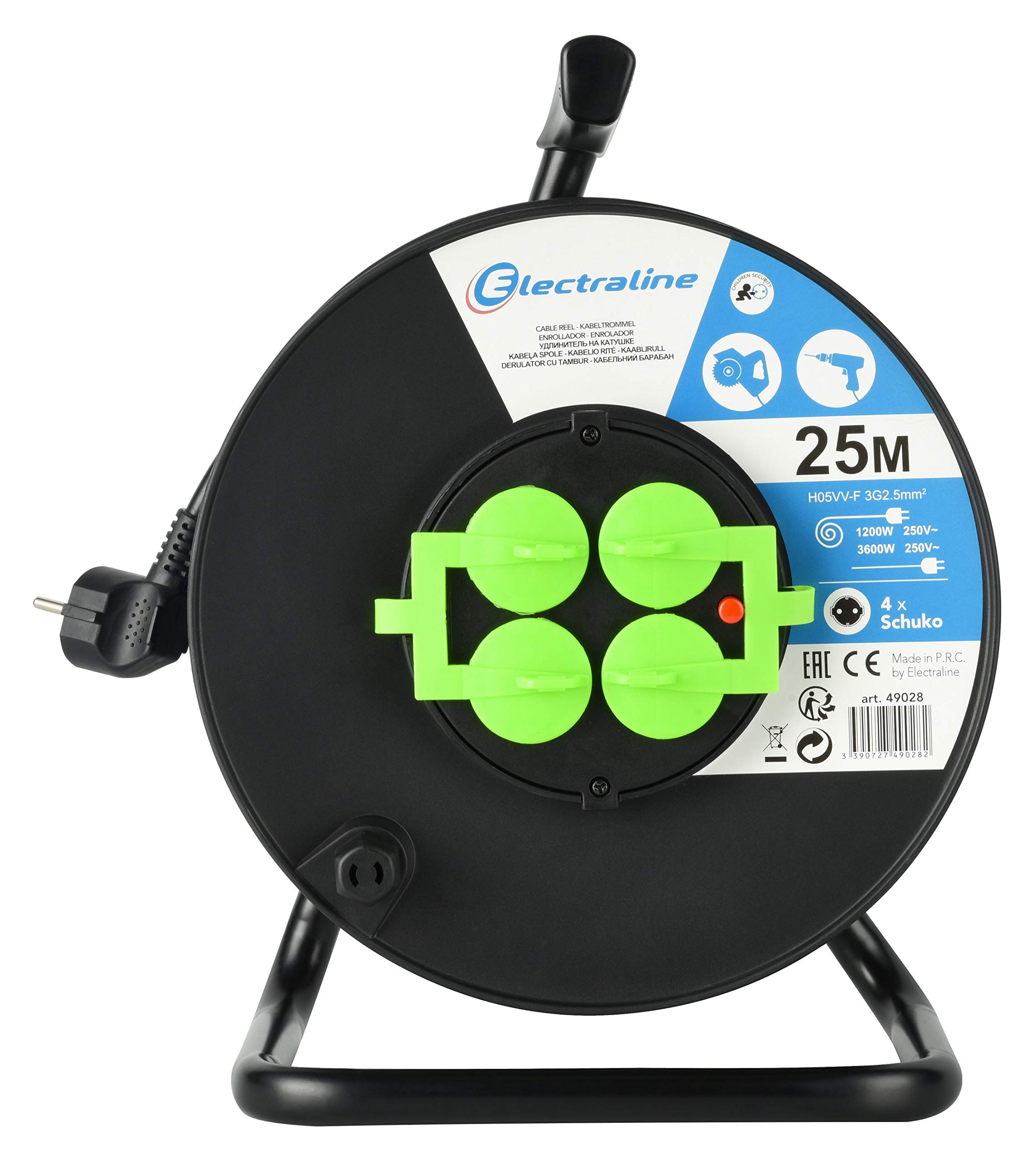 Electraline 49028 Enrouleur de câble Bricolage 25 m avec 4 Prises Schuko 3G2.5 Noir