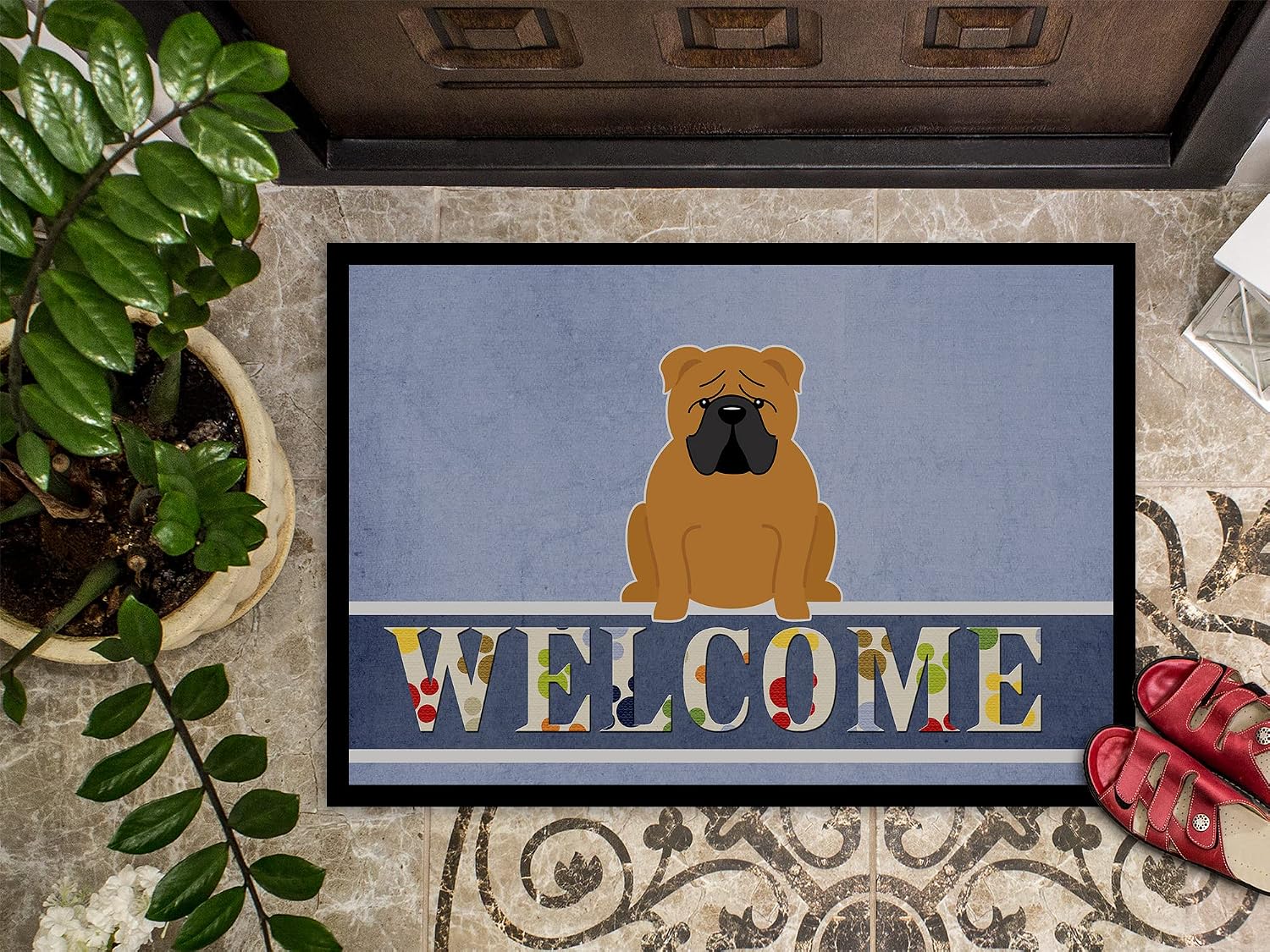 Caroline's Treasures BB5703MAT English Bulldog Red Welcome Doormat 18x27 Front Door Mat Indoor Outdoor Rugs for Entryway, Non Slip Washable Low Pile, 18H X 27W