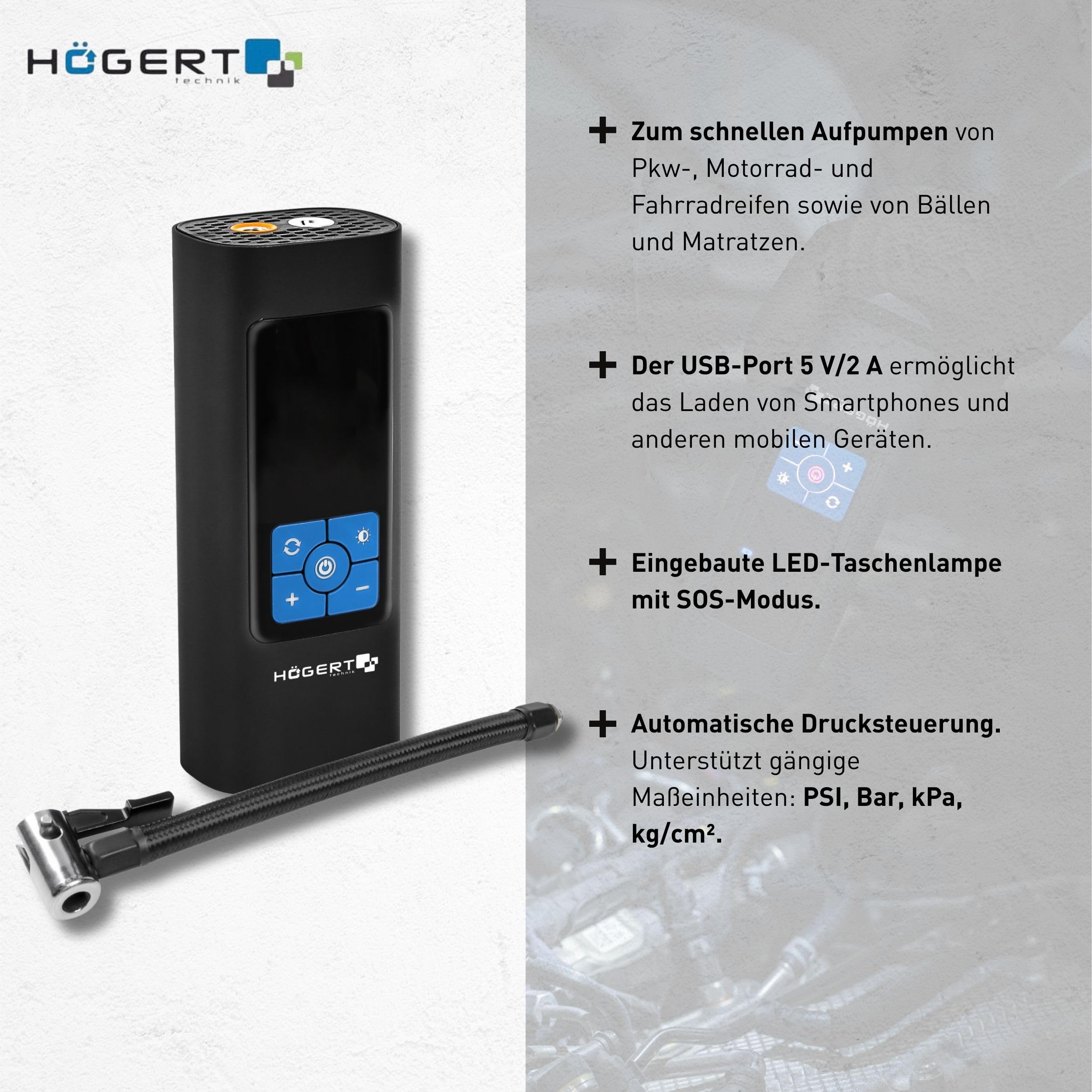 HÖGERT TECHNIK Tragbare Akku Elektrische Luftpumpe 145PSI 3in1, Mini Kompressor mit Powerbank & LED Licht, Mobiler Luftkompressor Fahrradpumpe Auto Motorrad Ball Matratze, USB-C Ladegerät