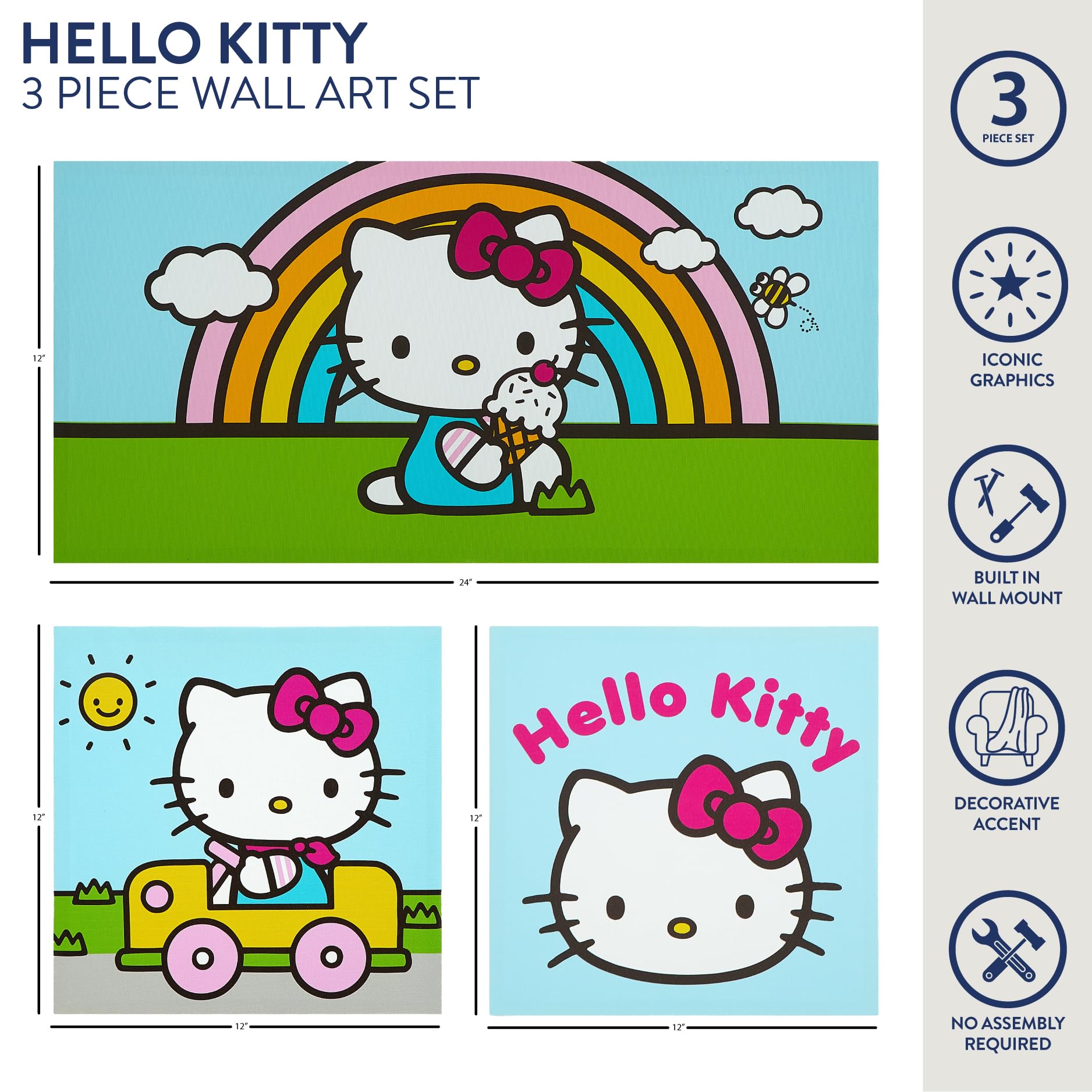 Amazon.com: Sanrio Hello Kitty Rainbow 3 Piece Canvas Wall Art Set