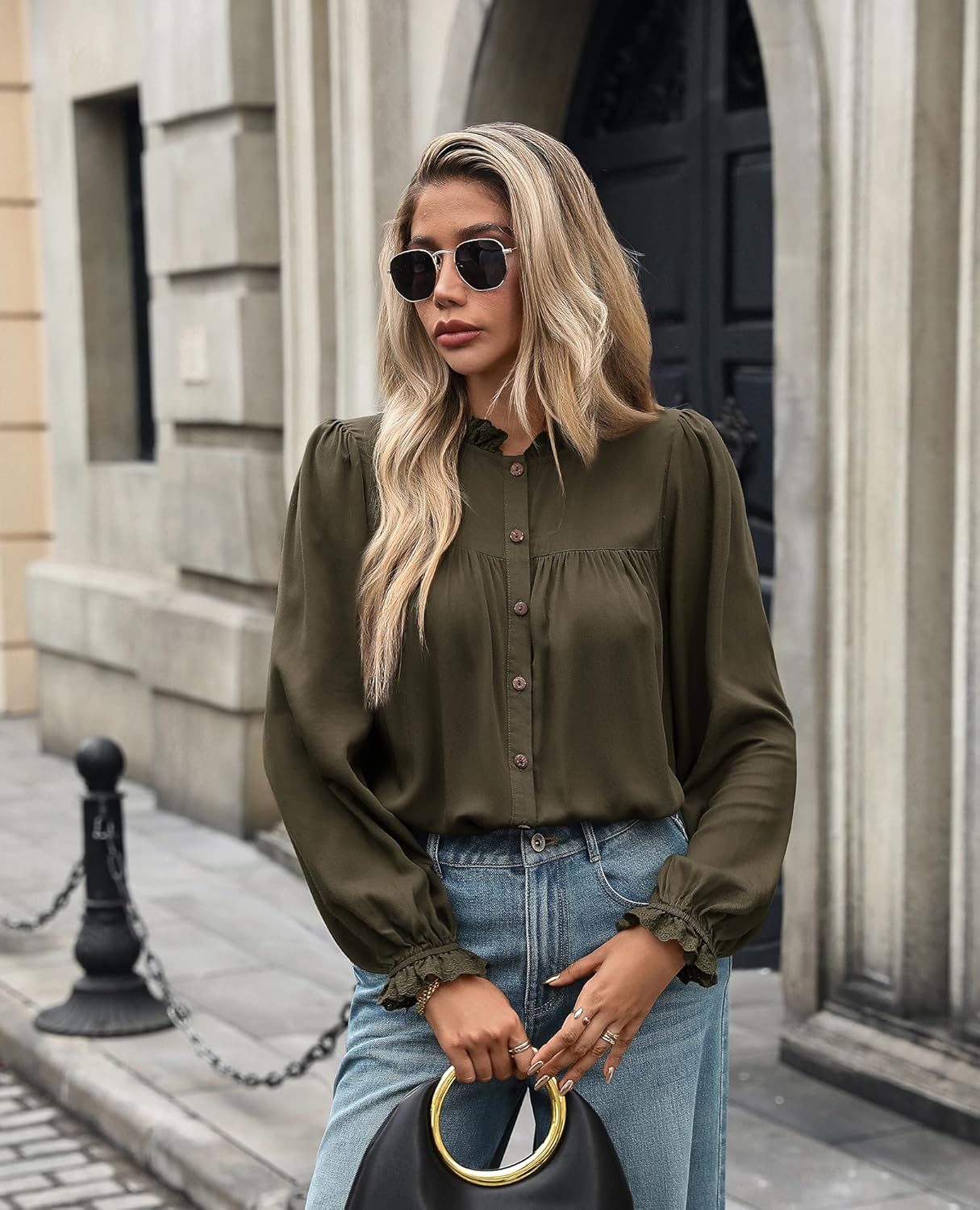 Button Down Shirts for Women Dressy Casual Blouses Long Puff Sleeve Shirts Elegant Pleated Tunic Tops Business Casual Tops Fall Solid Retro Blouses, Army Green, L - Image 6