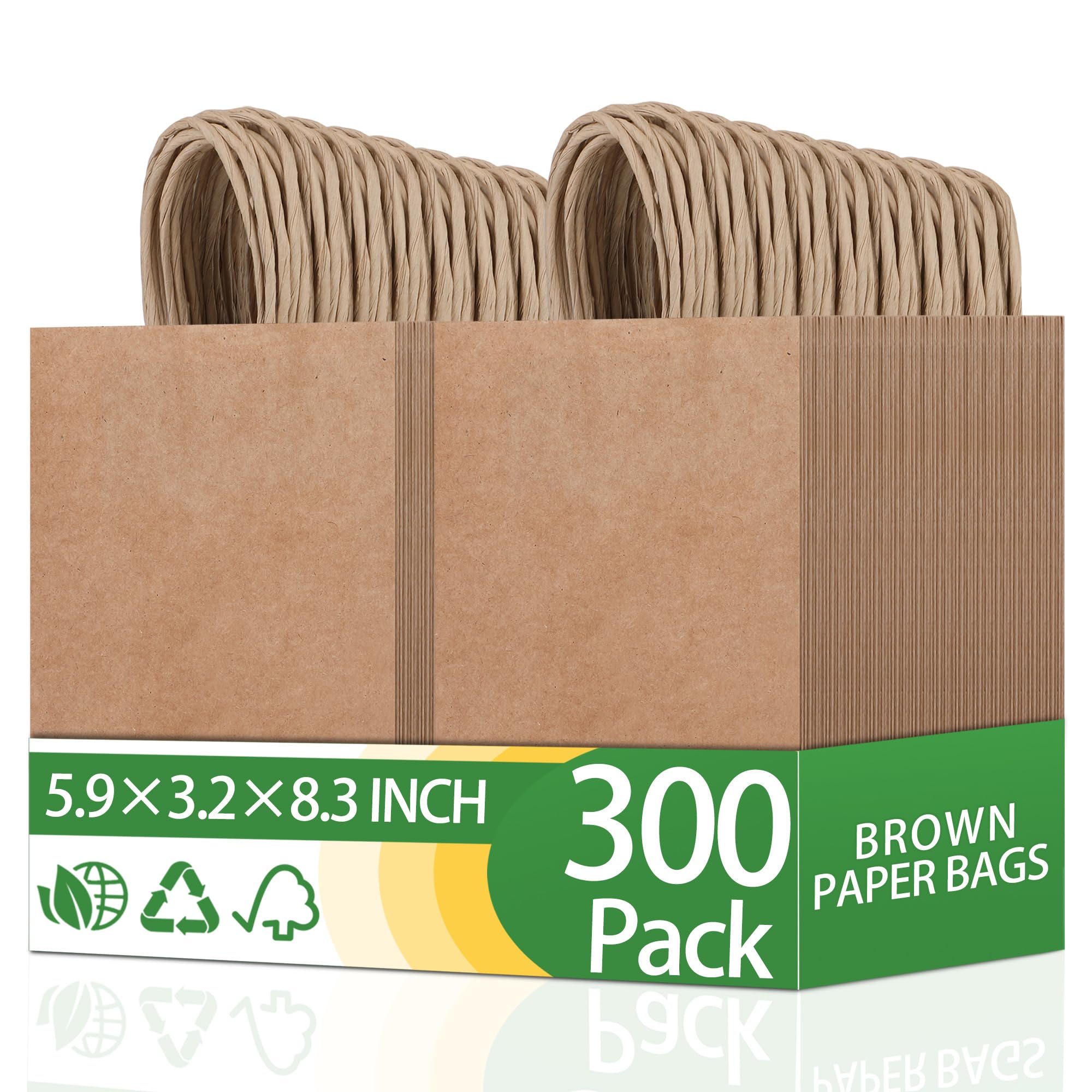OEMVALATY 300 Pack 5.9x3.2x8.3 Inch Small Brown Paper Bags with Handles Bulk, Kraft Paper Gift Bags for Birthday Party Favors Grocery Retail Business