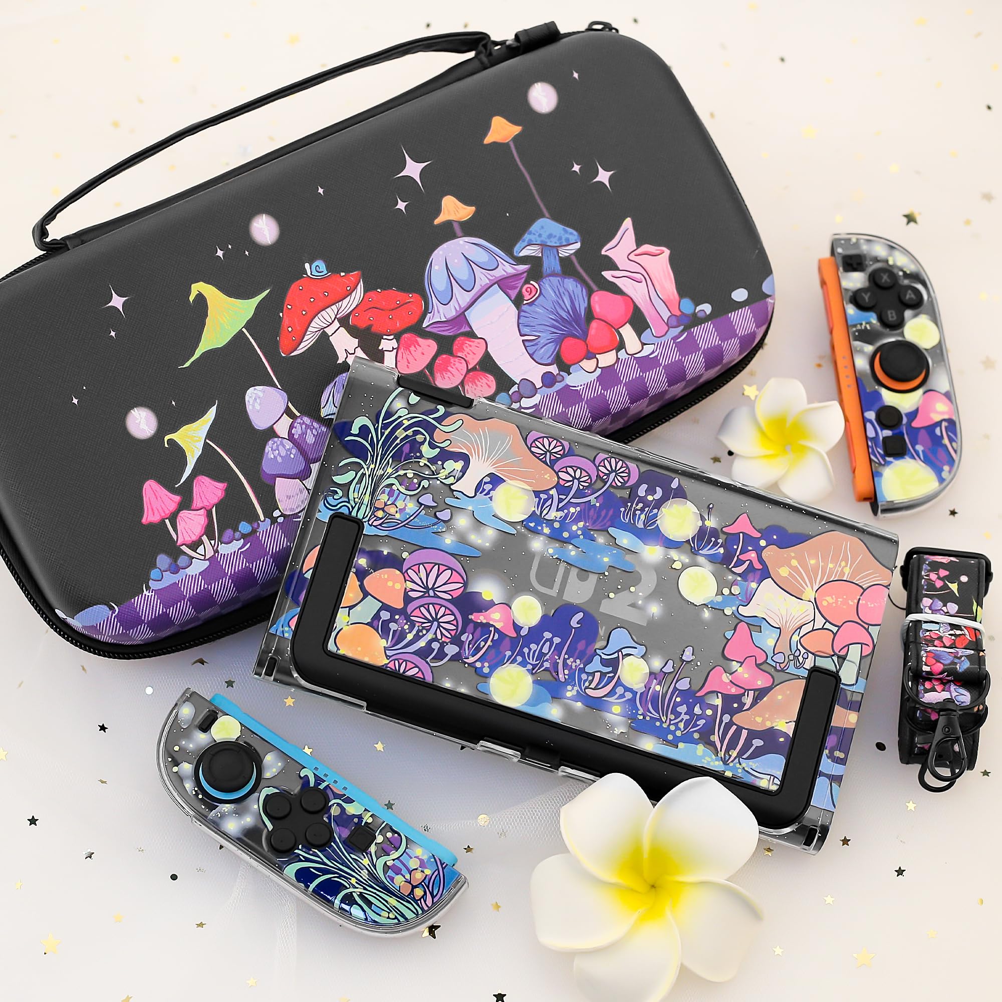 FANPL Custodia carina per Nintendo Switch 2, custodia da viaggio per Switch 2 con pelle rigida glitterata, cinturino regolabile, protezione schermo, tappi per impugnatura per pollice (Firefly Mushroom