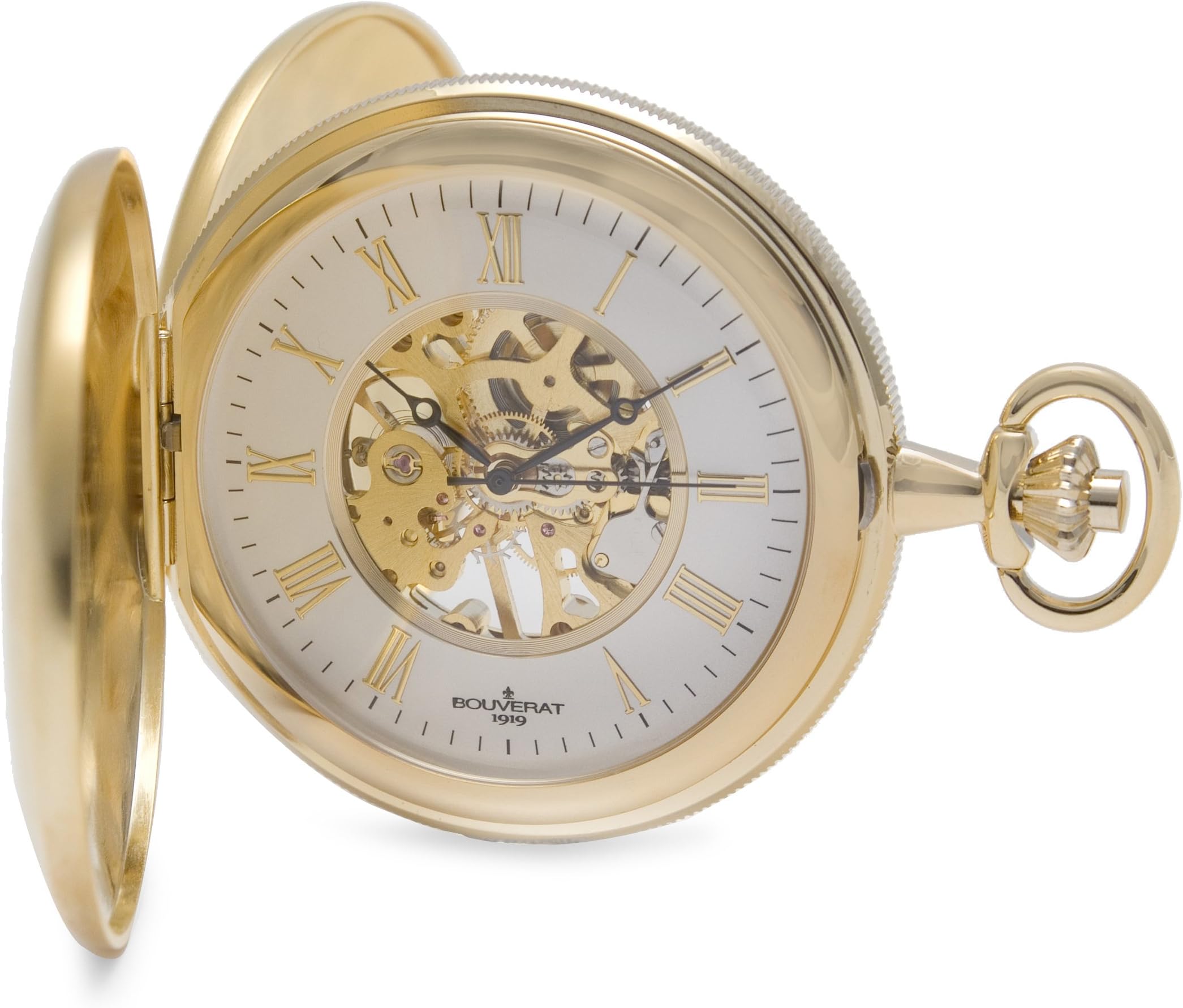 Bouverat 1919 Double Opening Brushed Satin Case Full Hunter Mechanical Roman Pocket Watch with White Dial BV824102
