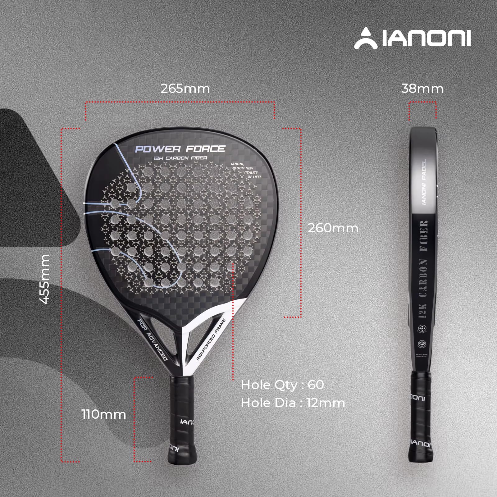 ianoni Racchetta da padel in fibra di carbonio 12K con superficie 3D con schiuma EVA Memory Flex Core-Power Force