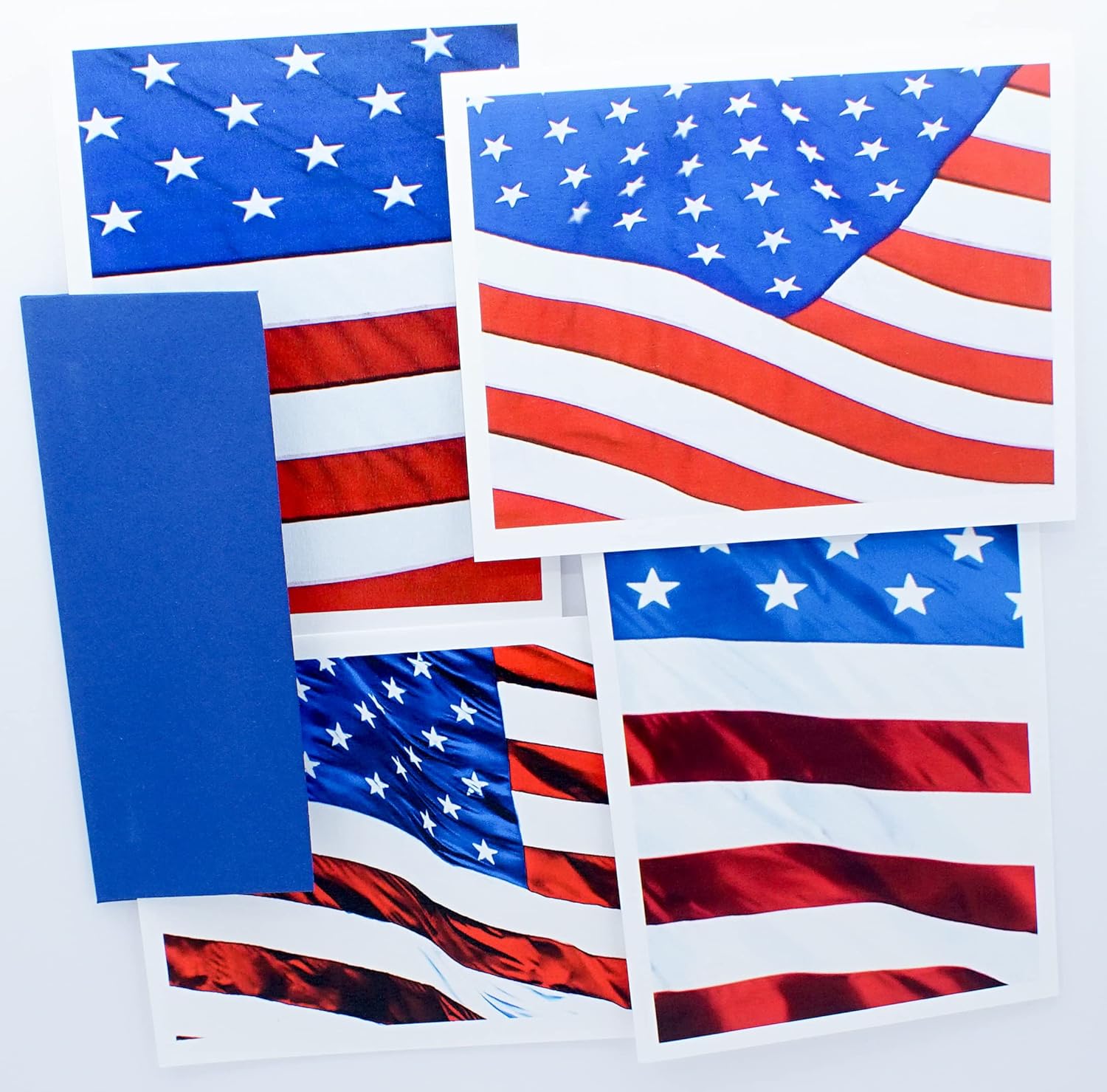 American Flag Photography Smooth Note Cards with Blue Envelopes 8 Boxed Set (4.25"x 5.50") Blank Inside Made in USA Veteran Day, Politician, Memorial, Patriotism, Independence Day, Flag Day, Military, Graduation Day, July 4th, Farewell, Invitations, Sympathy, Charities