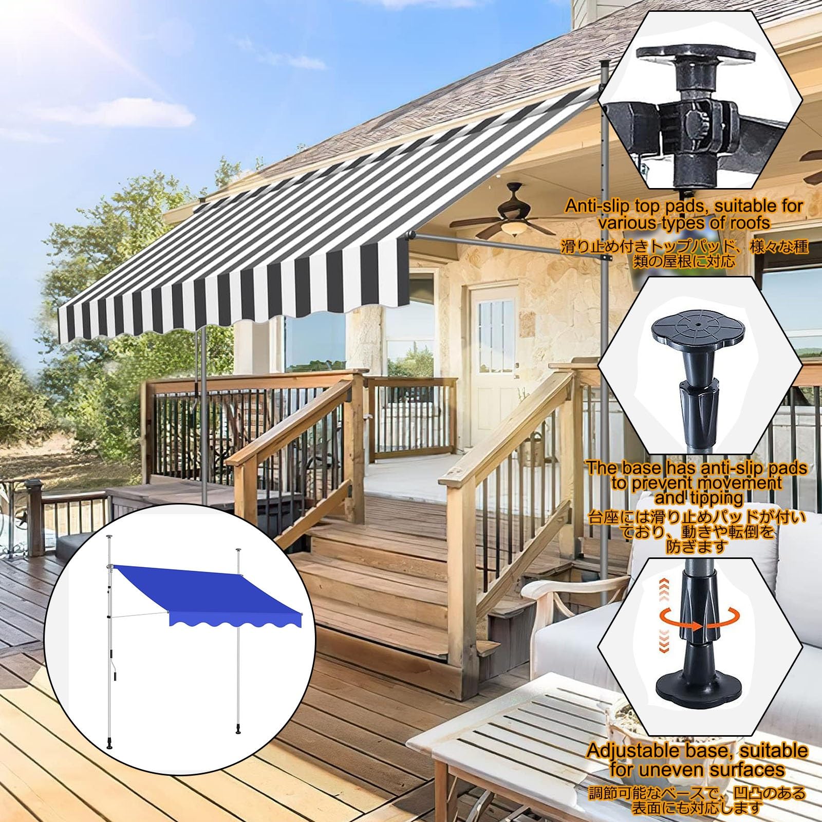 Wodoodporne markery na balkon i do ogrodu, 4 m, bez wiercenia, z korbą ręczną, odporne na promieniowanie UV, na patio, podwórka i do przestrzeni zewnętrznych, niebieskie