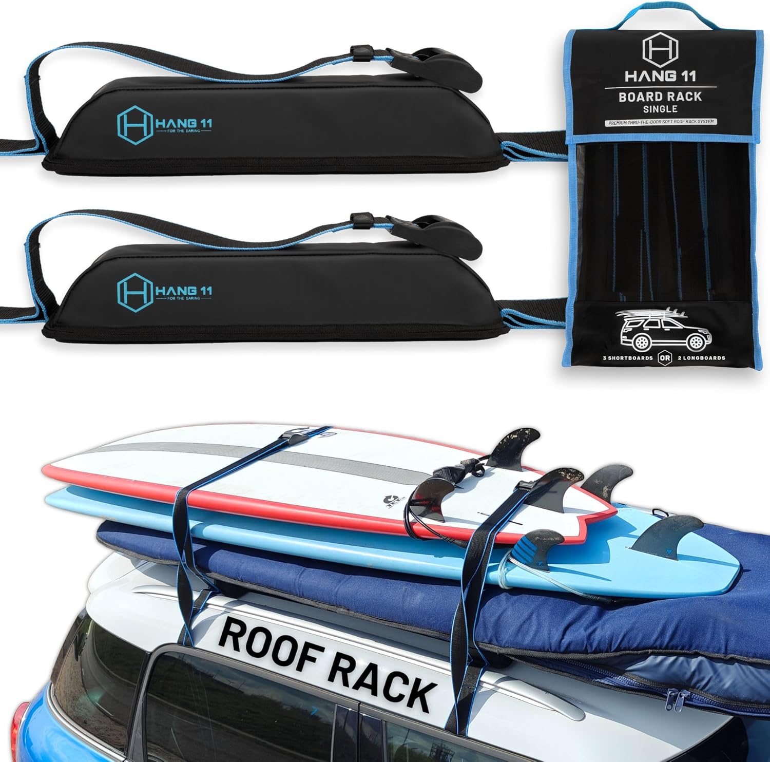 Hang 11 Surfboard Roof Rack - Fits Any Vehicle, Carries up to 3 Boards, Extra-Wide 1.5" Straps, Premium Surfboard Car Racks, Soft Universal Roof Carrier for Surf Board Paddle Board & SUP