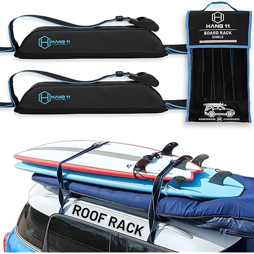 Hang 11 Surfboard Roof Rack - Soft Padded Surfboard Rack for Car, No-Scratch Buckles, Fits Most Vehicles Without Crossbars, Extra-Wide 1.5” Straps, Carries up to 3 Boards (Single / 3 Boards)