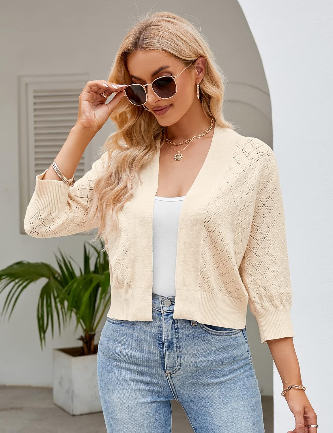 Shermia Women's 3/4 Sleeve Cropped Cardigan Sweater Open Front Short Shrugs Cardigans Lightweight Sweaters - Image 4