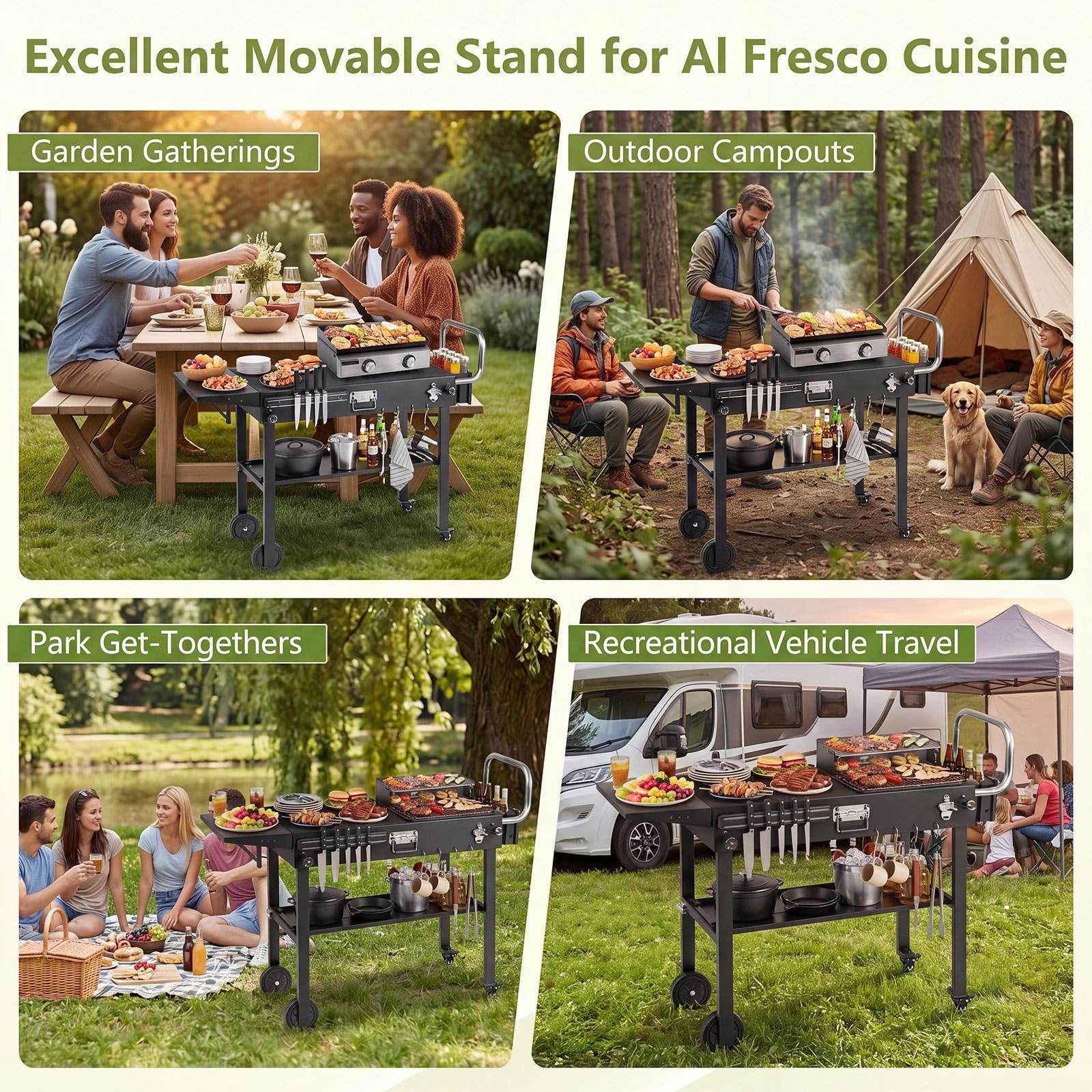 KOMFOTTEU Carrello Barbecue Portatile con 4 Ruote e Portautensili Magnetico | Carrello Cucina da Giardino con Ripiano Portaoggetti, Portaspezie, Apribottiglie e Ganci, 118x43x88 cm