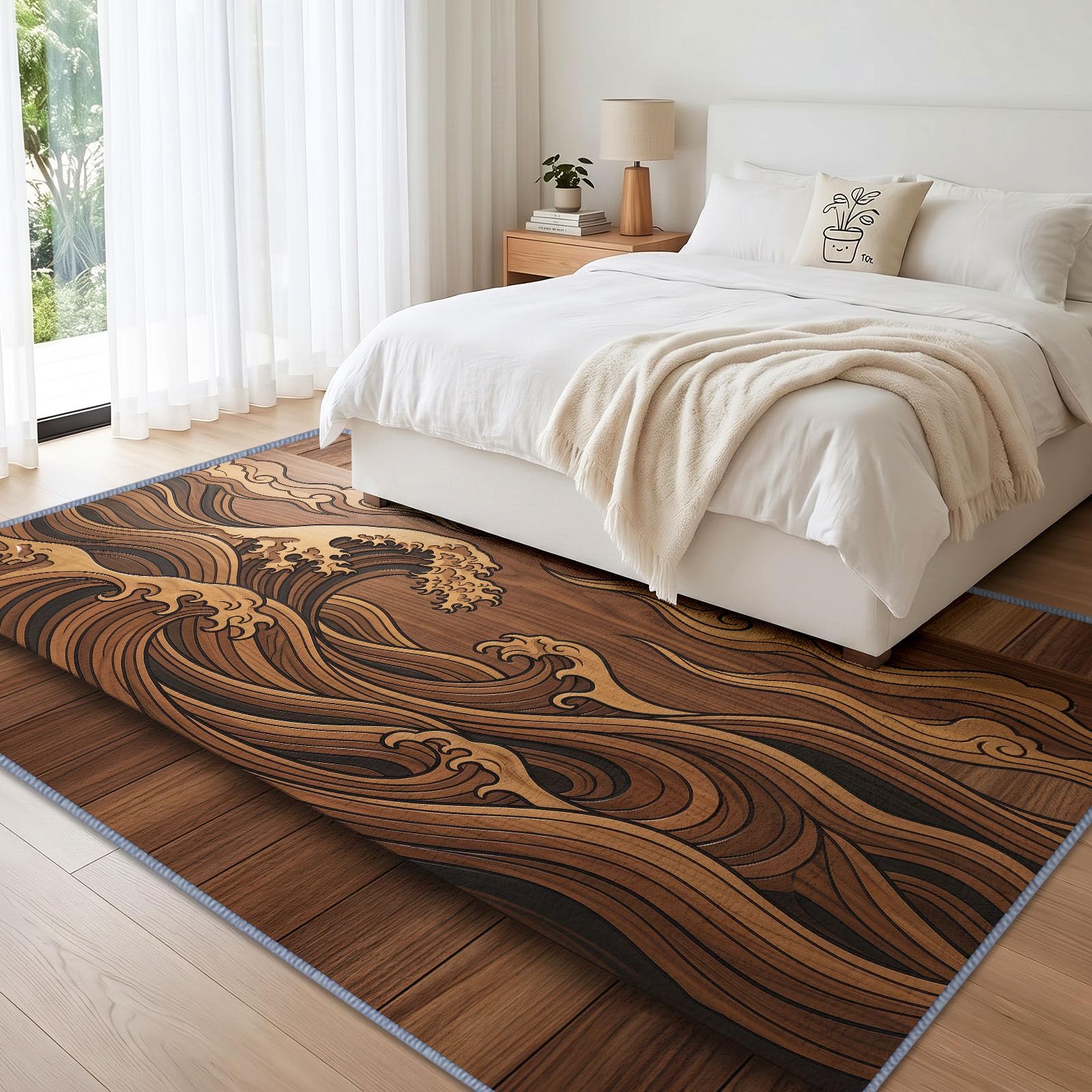 Générique Tapis Salon Paysage Océan Vagues Imitation Bois 160 x 230 cm, Lavable en Machine Tapis de Sol Oriental Doux Antidérapant pour Entree Interieur, Chambre, Salle à Manger
