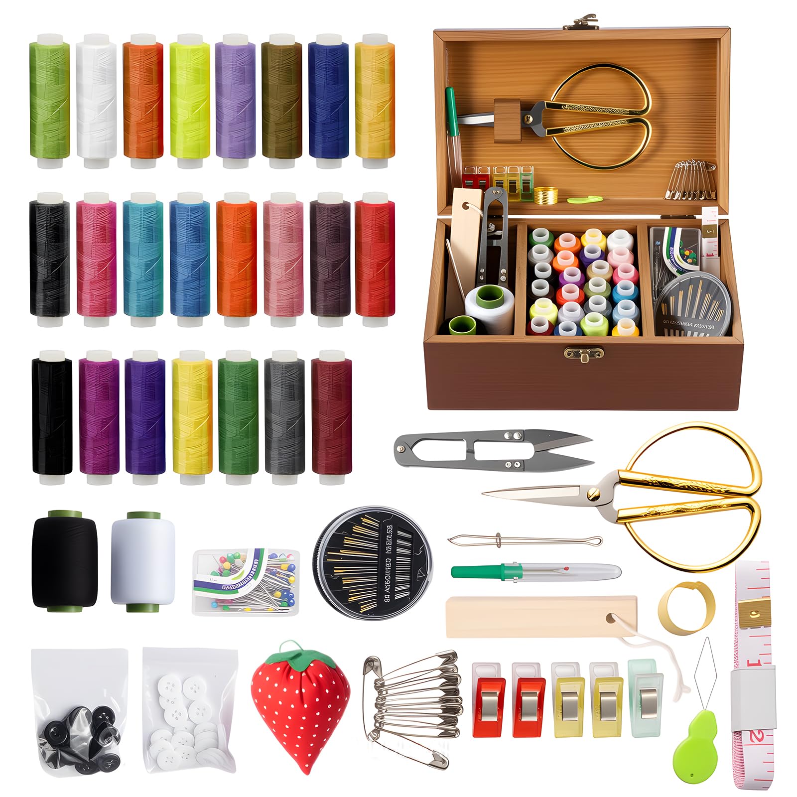SUNNYNEST Wooden Sewing Box Organizer with Complete Sewing Kit, Premium Wooden Sewing Basket with Compartments, All-in-One Home Sewing Accessories Storage for Beginners (Brown S)