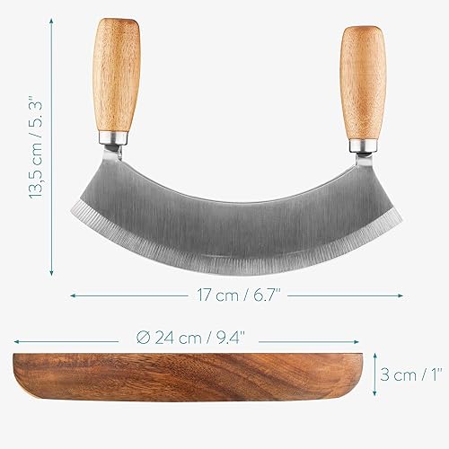 Miniatura 6 de Navaris Cutting Board & Mezzaluna Knife - Wooden Chopping Board & 2-Bladed Curved Herb Cutter - Round Rubberwood Board & Double Blade Rocker Chopper