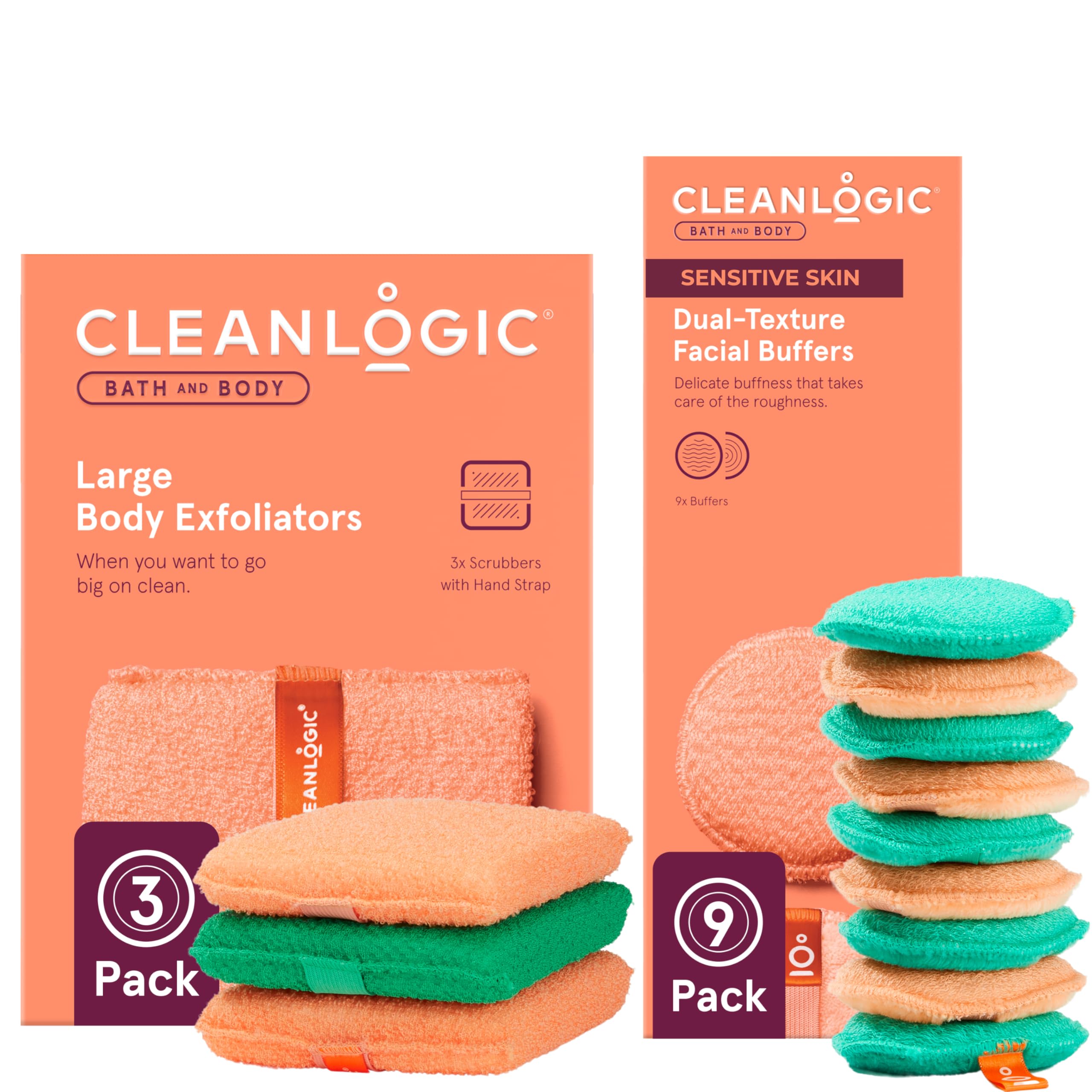 Cleanlogic Exfolaiting Face & Body Scrubber Combo Kit – 9 Facial Sponges + 3 Large Body Exfoliators, Sensitive Skin-Friendly, Makeup Removal & Smoothing, Assorted Colors
