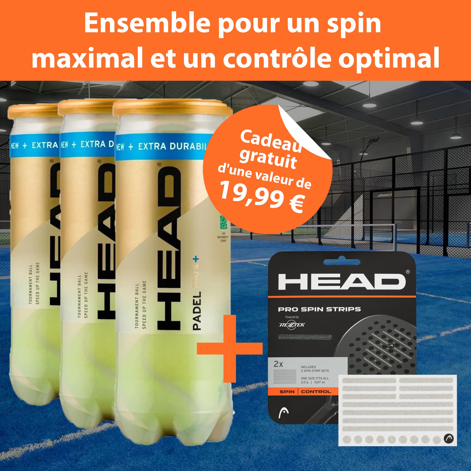 Pack Padel – Head Padel Pro S+ 3-Pack (9 Balles) & Rezztek Pro Spin Strips