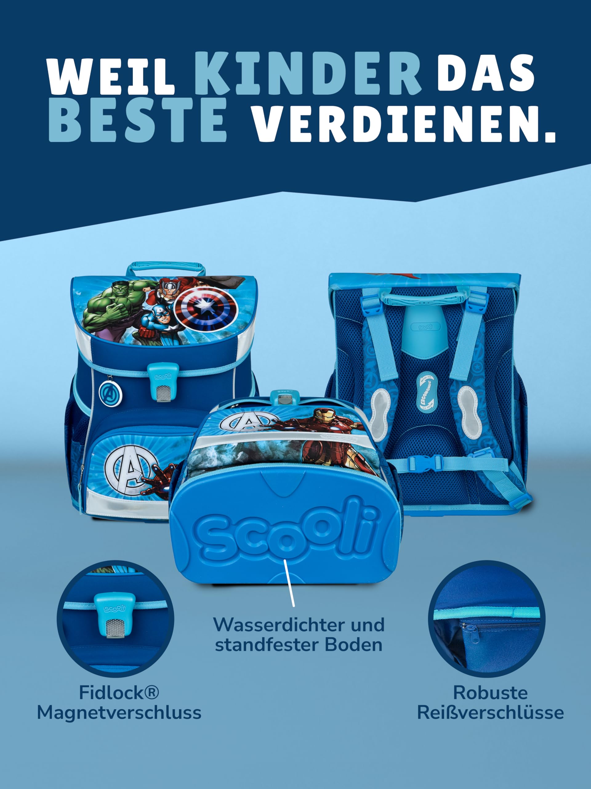 Familando - Scooli Campus Fit Schulranzen Set - 5-teilig mit Federmappe - Marvel Avengers Hell-Blau - Ergonomisch, stabil & 980g leicht - 18L Volumen - Brustgurt & Reflektoren - ab 1. Klasse