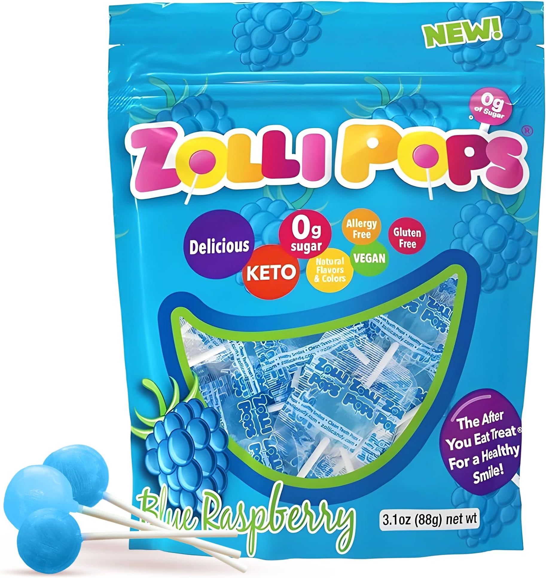Clean Teeth Pops Sugar Free Candy with Xylitol, Dye-Free Lollipops - Keto & Diabetic-Friendly, Dentist-Approved Treats for Kids (Blue Raspberry, 3.1 oz)