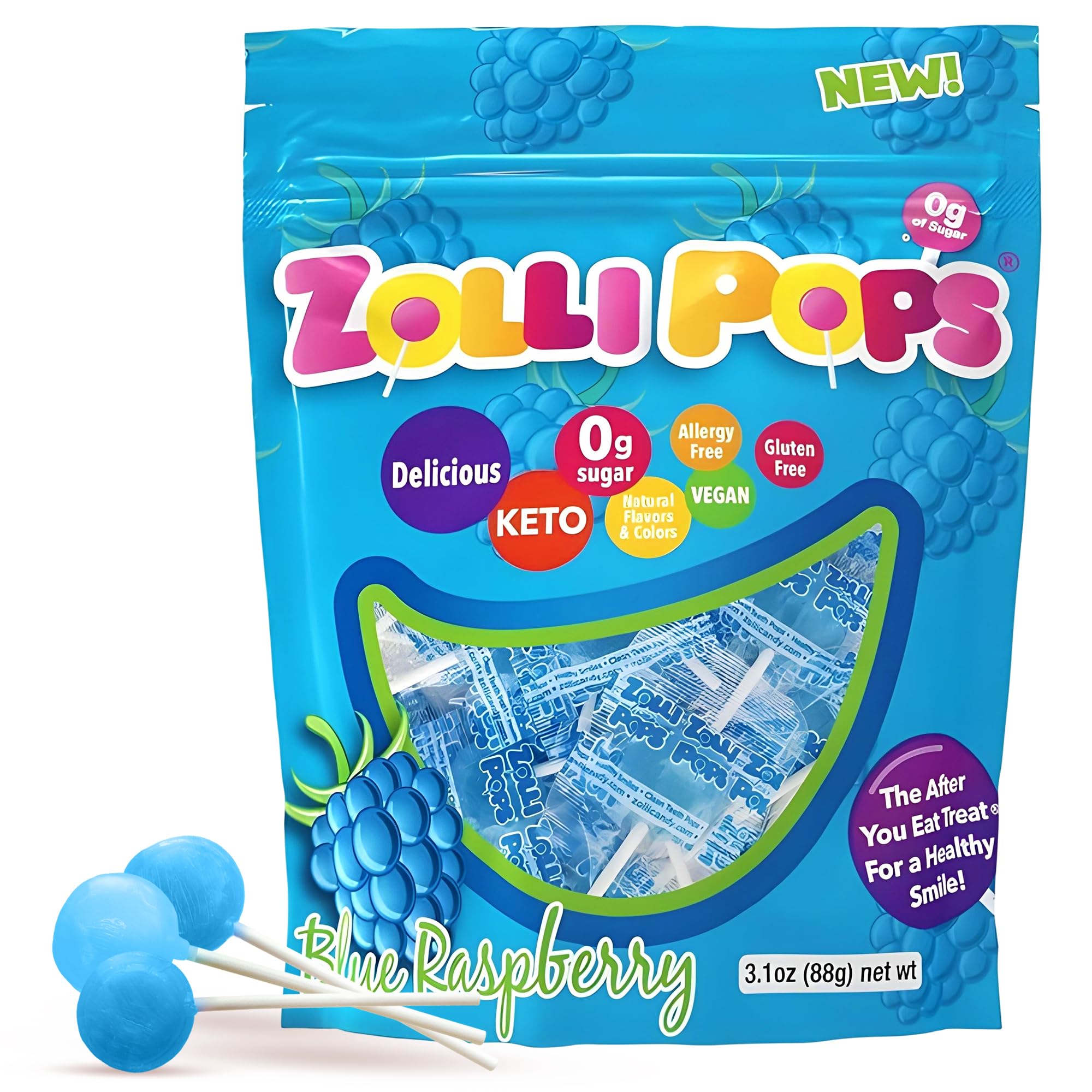 Zollipops Clean Teeth Pops Sugar Free Candy with Xylitol, Dye-Free Lollipops - Keto & Diabetic-Friendly, Dentist-Approved Treats for Kids (Blue Raspberry, 3.1 oz)