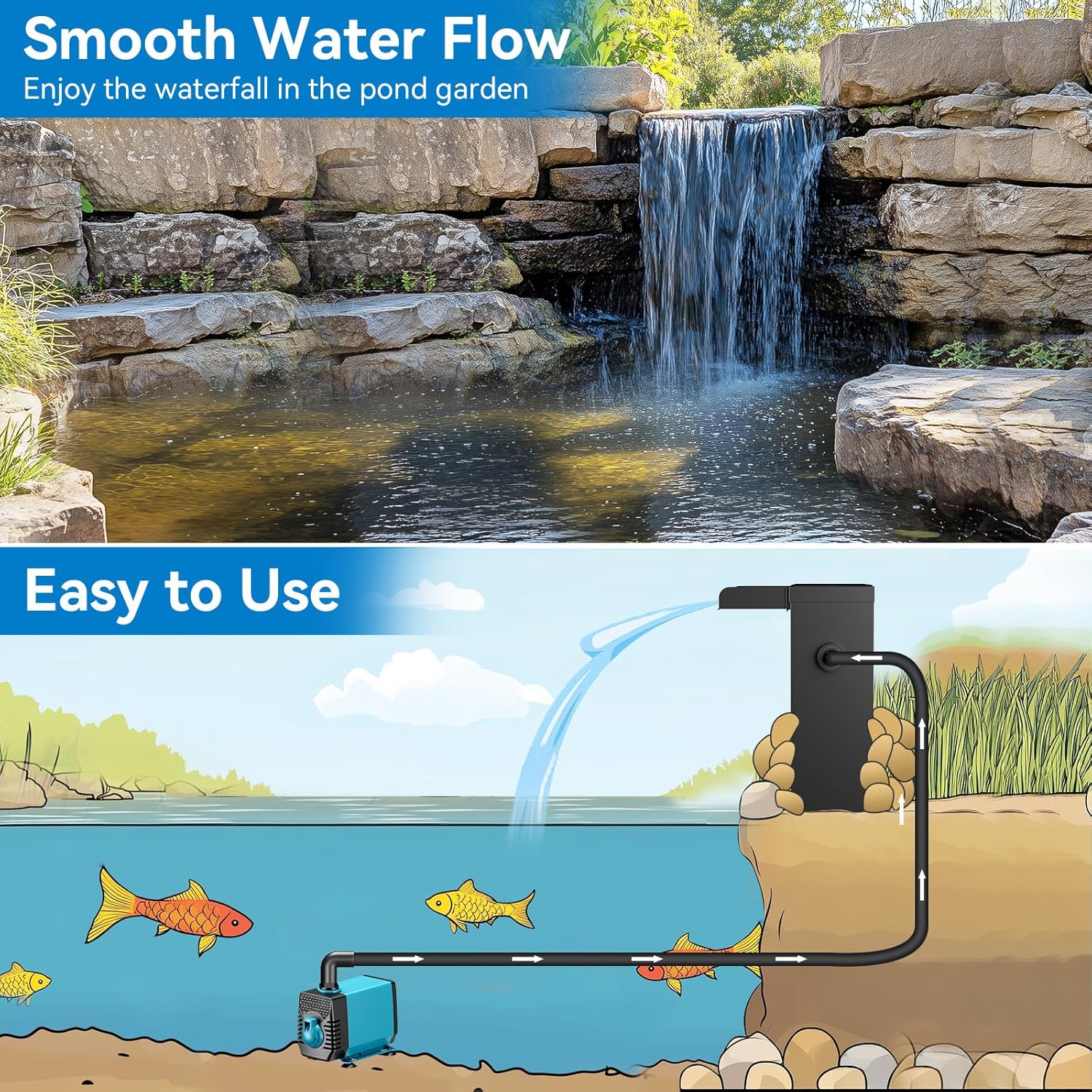 POPOSOAP Pond Waterfall Spillway with Blue Led Light, 304 Stainless Steel Pondless Waterfall Kits with 9.8FT Corrugated, Pond Spillway with 40W 660GPH Pump for Pondless Feature System