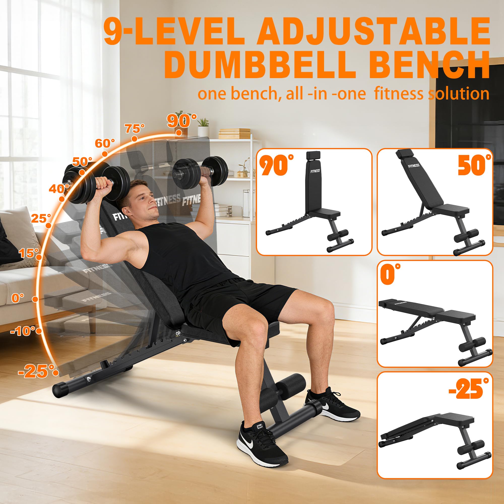 Panca regolabile per allenamento a casa, 10 angoli di regolazione (90°-205°), pieghevole, multifunzione, per allenamento, fitness, 420 mm, design stabile e confortevole