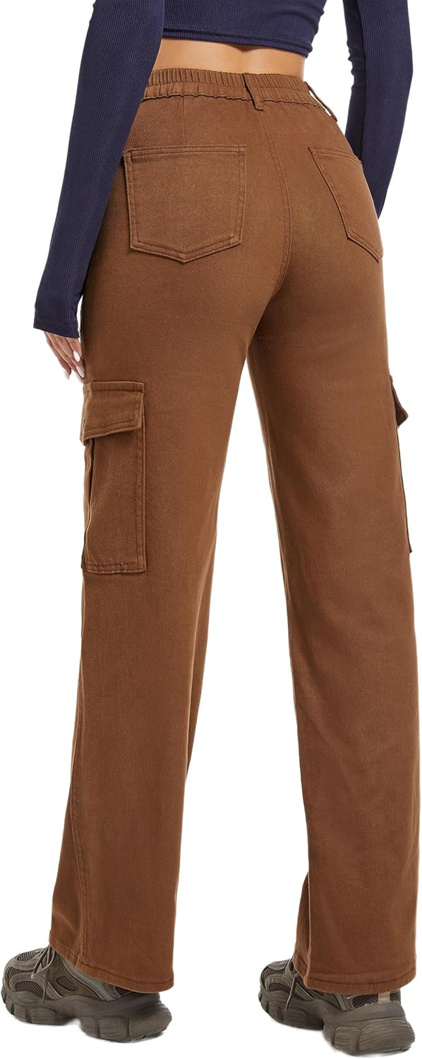 Aodrusa Brown Pants for Women High Waisted Stretch Straight Leg Cargo Pants with Pockets Trendy Trousers - Image 2