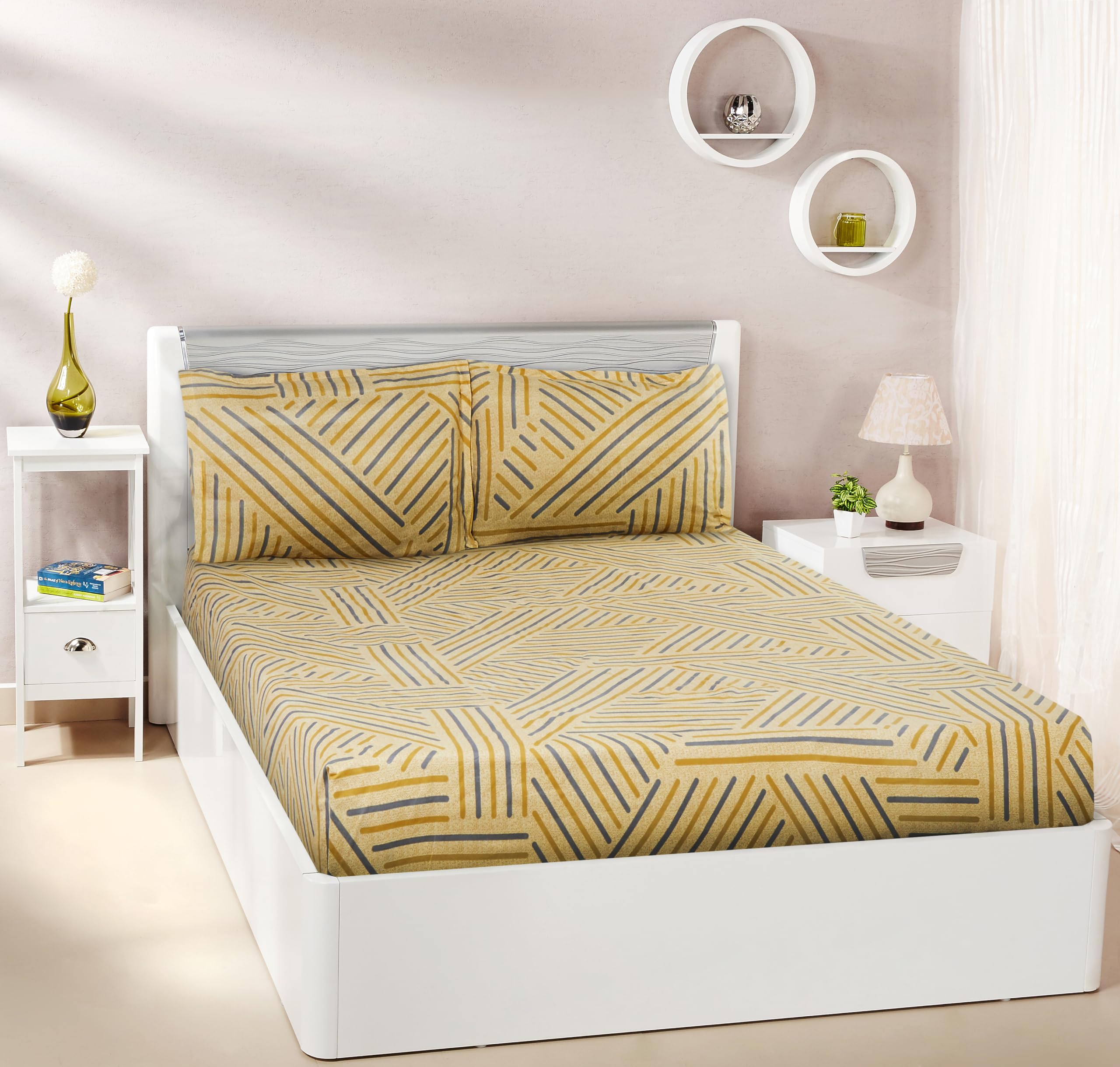 Amazon Brand - Solimo Sapphire Streak King Bedsheet with 2 Pillow Covers- 120 GSM-Multi_Ewbsk11, 144 Tc, Polyester