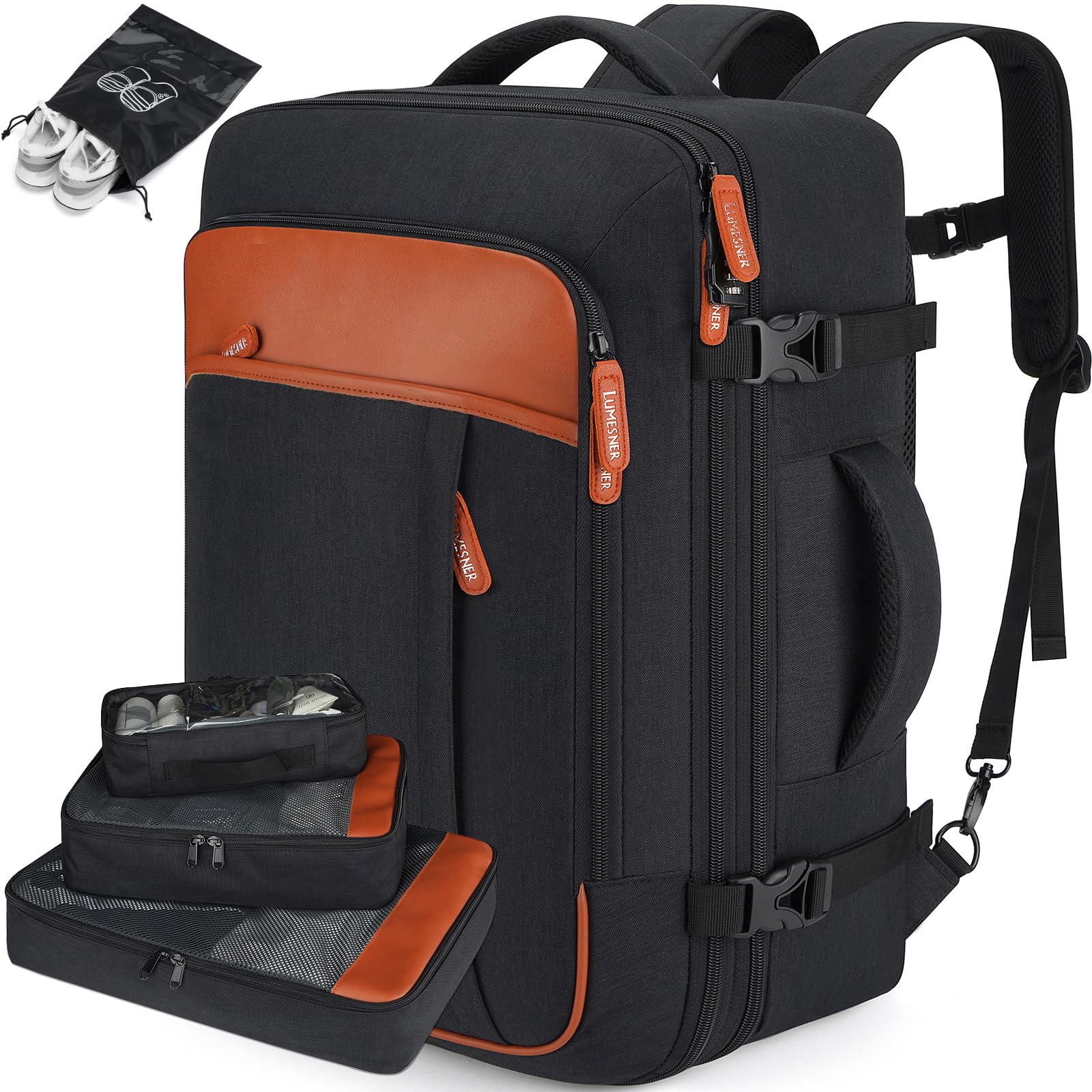 Lumesner Carry on Travel Backpacks, Extra Large 40L Flight Approved Bag for Men & Women,Expandable Suitcase Backpack With 4 Packing Cubes,Water Resistant Luggage Daypack Business Weekender Bag, Black