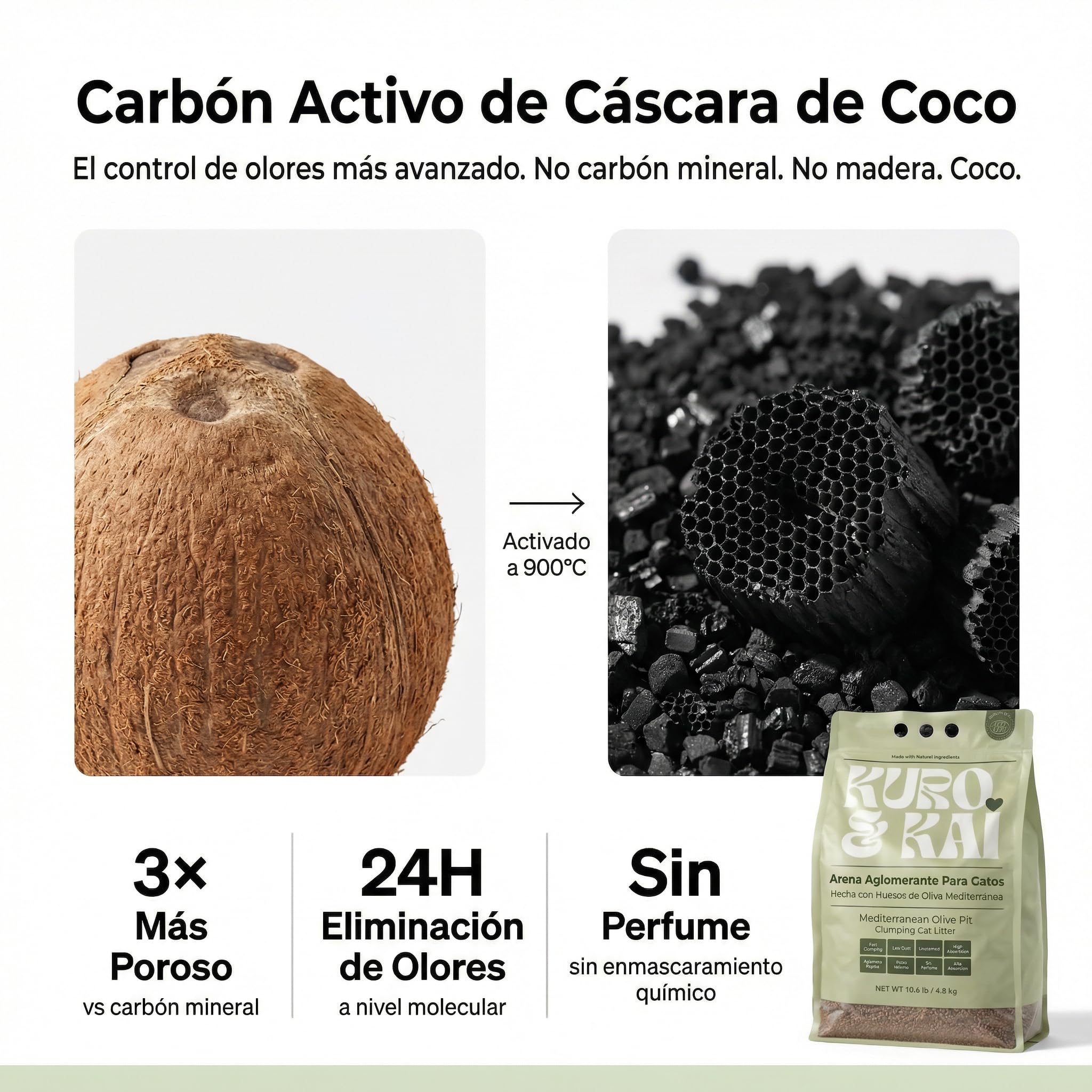 KURO & KAI Litière agglomérante naturelle pour chats - Os d'olive au charbon actif, sans parfum, peu de poussière, lot de 4 unités, 19,2 kg/28 l