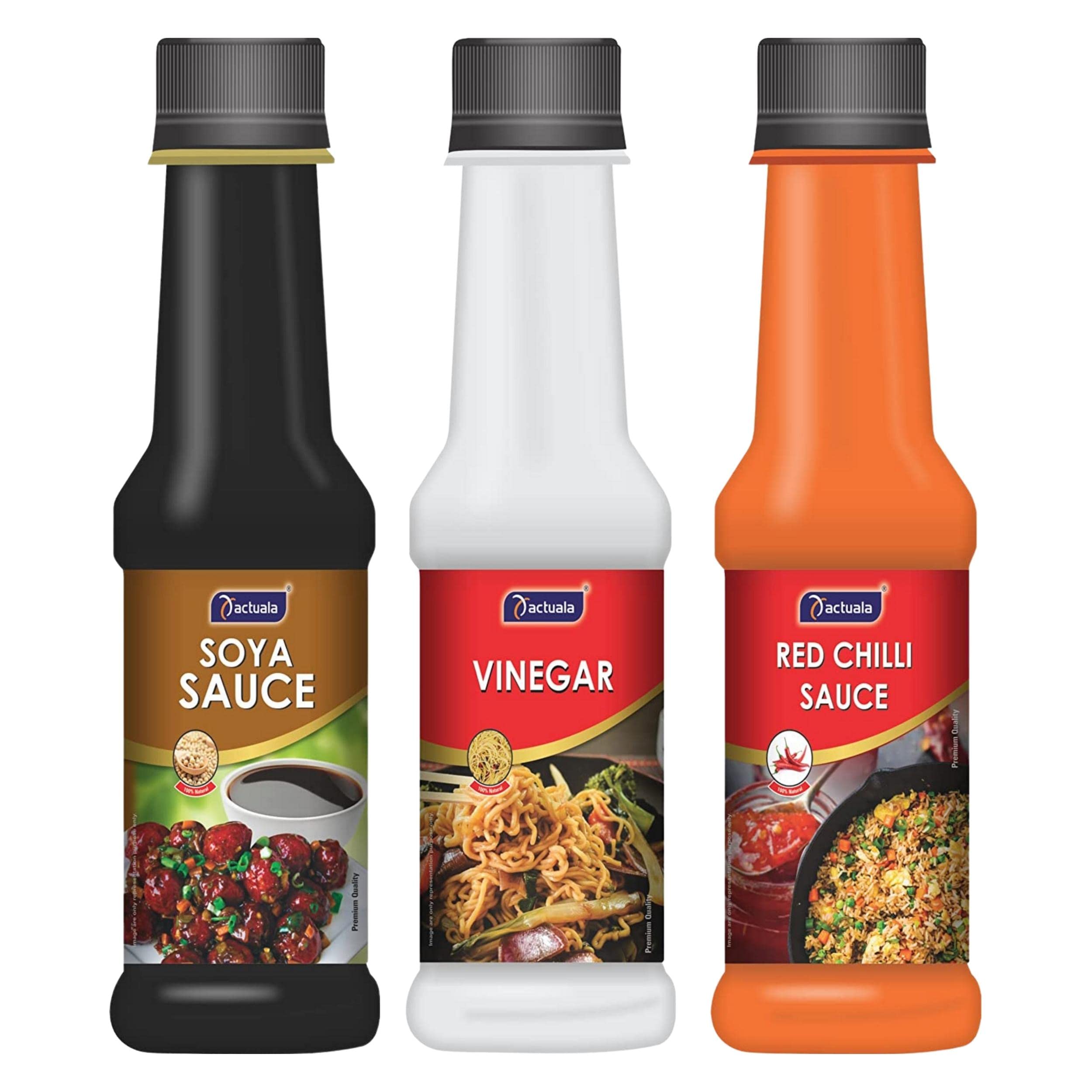 AACTUALA Soya Sauce | White Vinegar | Red Chilli Sauce | 100% Natural | No Preservatives | Combo Pack (200 grams Each) - Pack of 3