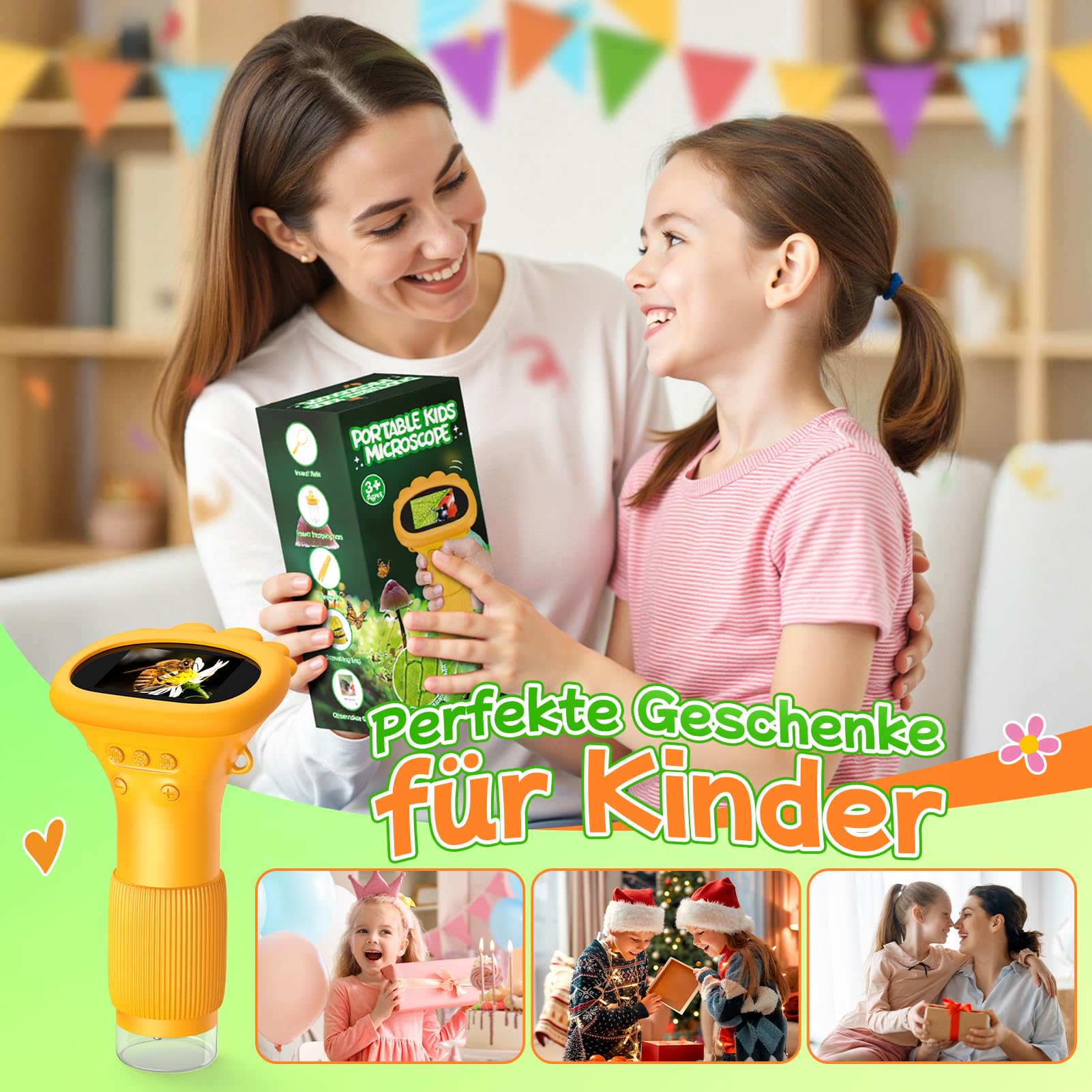 GeschenPark Handheld Kinder Mikroskop Outdoor Entdeckungs Set - 1000x Vergrößerung, 2" HD Display - mit Lernhandbuch & Zubehör - Spielzeug ab 3-12 Jahre Jungen Mädchen - Geschenk für Kinder