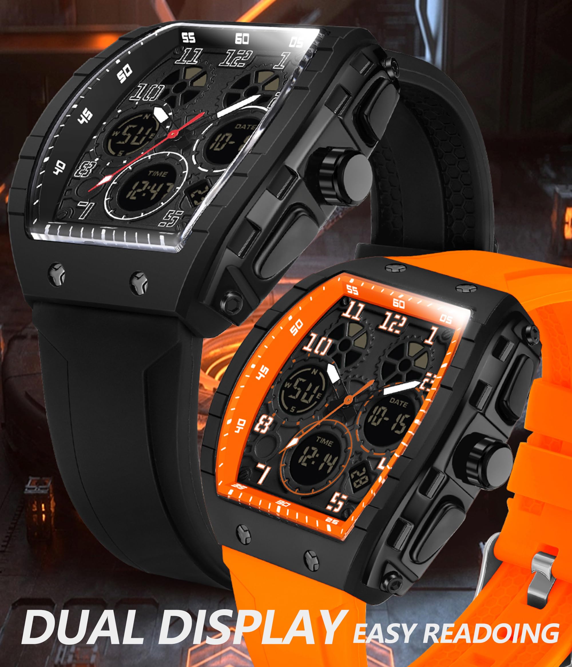 findtime Relojes únicos para Hombre, Reloj Digital Resistente al Agua, Reloj Deportivo con Alarma, cronómetro, diseño Punk, analógico, Calendario, Doble visualización de Hora, Correa de Silicona