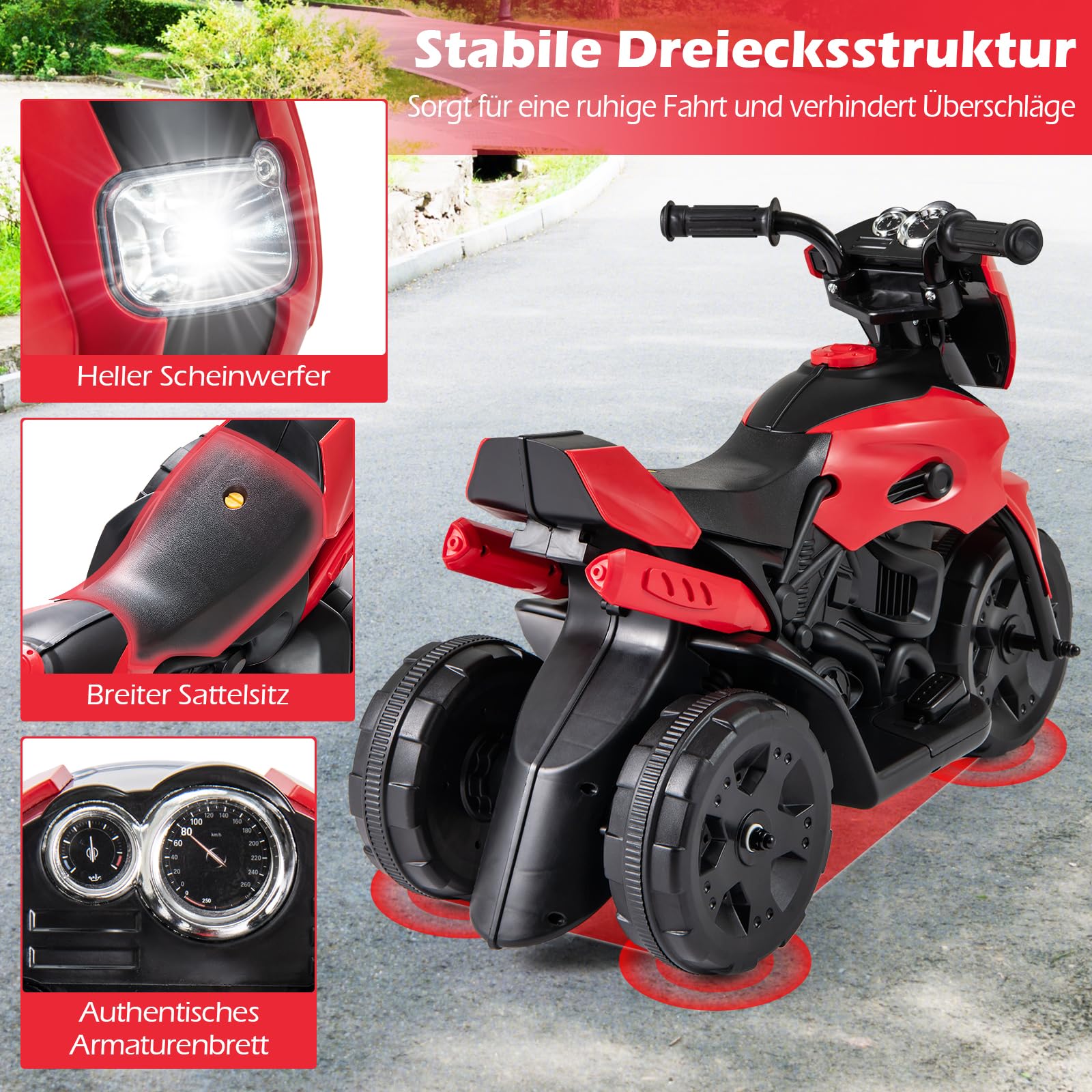 COSTWAY Elektryczny motocykl dziecięcy, 6 V, elektryczny z reflektorem LED i pedałem, 2-3 km/h, trójkołowy motocykl elektryczny dla chłopców i dziewczynek od 3 lat (czerwony)