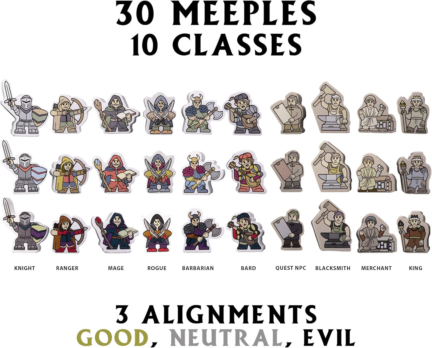 Stratagem Meeples of Might & Menace | 60 Pack of 16mm Minis Wooden Fantasy Meeple Miniatures Tabletop Role Playing RPG | Complete Set
