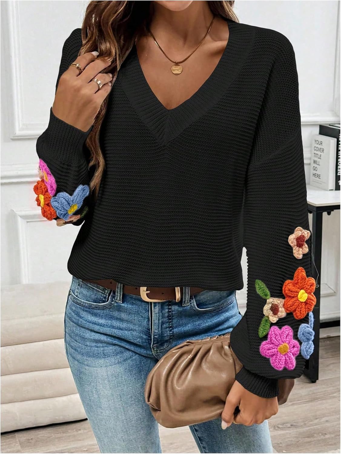 Women's Floral Sweater Fall Lightweight Cozy Sweaters V Neck Long Sleeve Knit Jumpers Tops