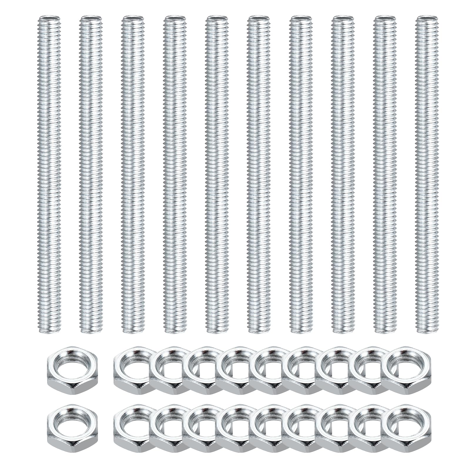 sourcing map 10Pcs 100mm Lamp Pipe Nipples Kit with Lock Nuts, M8x1.25 Coarse All Threaded Hollow Tube Lamp Repair Hardware Fasteners for Chandelier Ceiling Lamps Assembly DIY, White Zinc