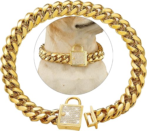 Miniatura 1 de Collar de cadena de oro para perro con hebilla segura con circonitas cúbicas heladas, cadena de eslabones cubanos de acero inoxidable de 18
