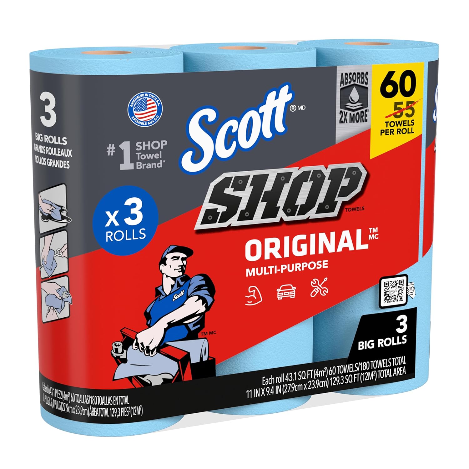 Scott® Shop Towels Original™ (58145), Blue Shop Towels, 1 Pack of 3 Big Rolls, Large 11"x9.4" Towel, (60 Sheet/Roll, 180 Sheet Total)