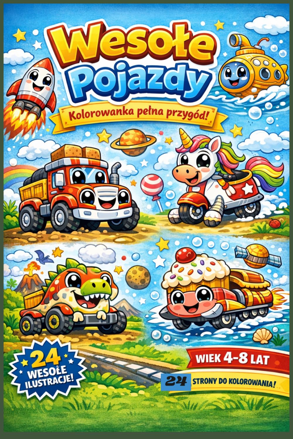 Wesołe Pojazdy – Kolorowanka pełna przygód: 24 urocze ilustracje do kolorowania – od ciężarówek po rakiety i pizzamobile!