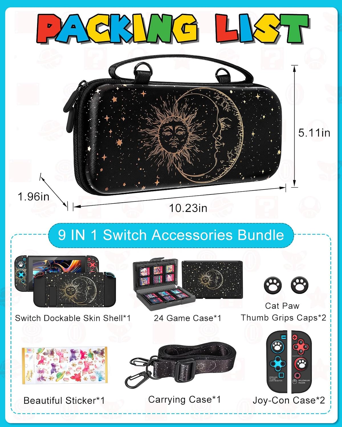 9in1 Sun Moon Witchy Switch Case for Nintendo Switch Carrying Cases & Storage Accessories Bundle Kit Thumb Grip+Game Holder+Dockable Skin+Shoulder Strap+Sticker for Switch Travel Pouch Bag