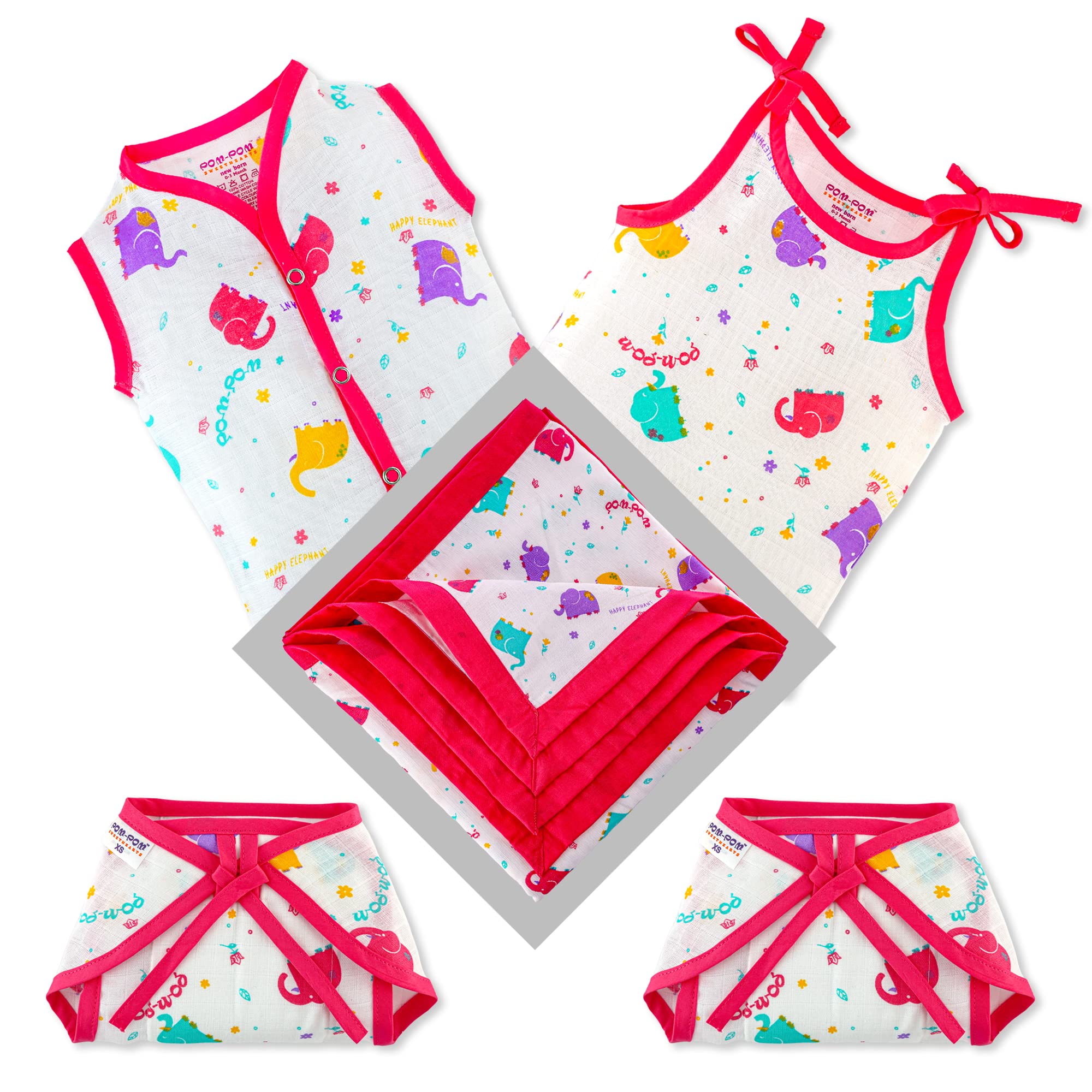 Pom Pom Sweethearts New Born Baby Combo Cloth Gift Set - 1 Printed Cotton Sleeveless Vest, 1 lace tie Slip, 2 Cotton Cloth Lace Nappy & 1 Double Layer swaddle blanket, Pack of 5(Elephant Print 0-3 Months)-picture-11