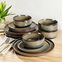 TheTerra 12-Piece Ceramic Dinnerware Set for 4 - Handmade Reactive Glaze Plates & Bowls, Scratch-Resistant, Oven Microwave Dishwasher Safe