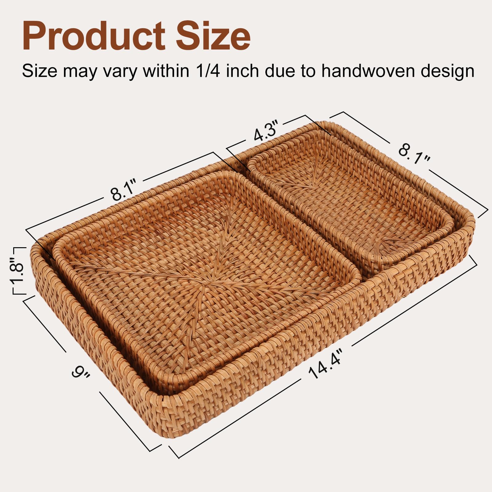 MHCLUE Rectangular Serving Tray for Home Decor,Decorative Serving Baskets for Organizing,Natural Rattan Storage Baskets for Coffee Table