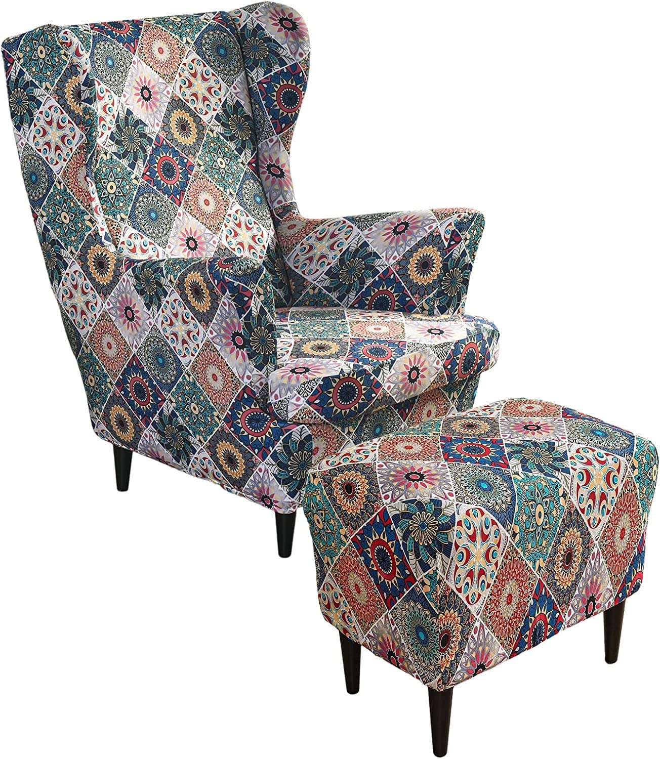 Aqigr #37 Stretch Wing Chair Cover Set, 2 Piece Wing Chair Slipcover With Ottoman Cover Wingback Chair Cover Jacquard Wingback Chair Slipcover Footstool Protector Covers For Dogs (Color : )
